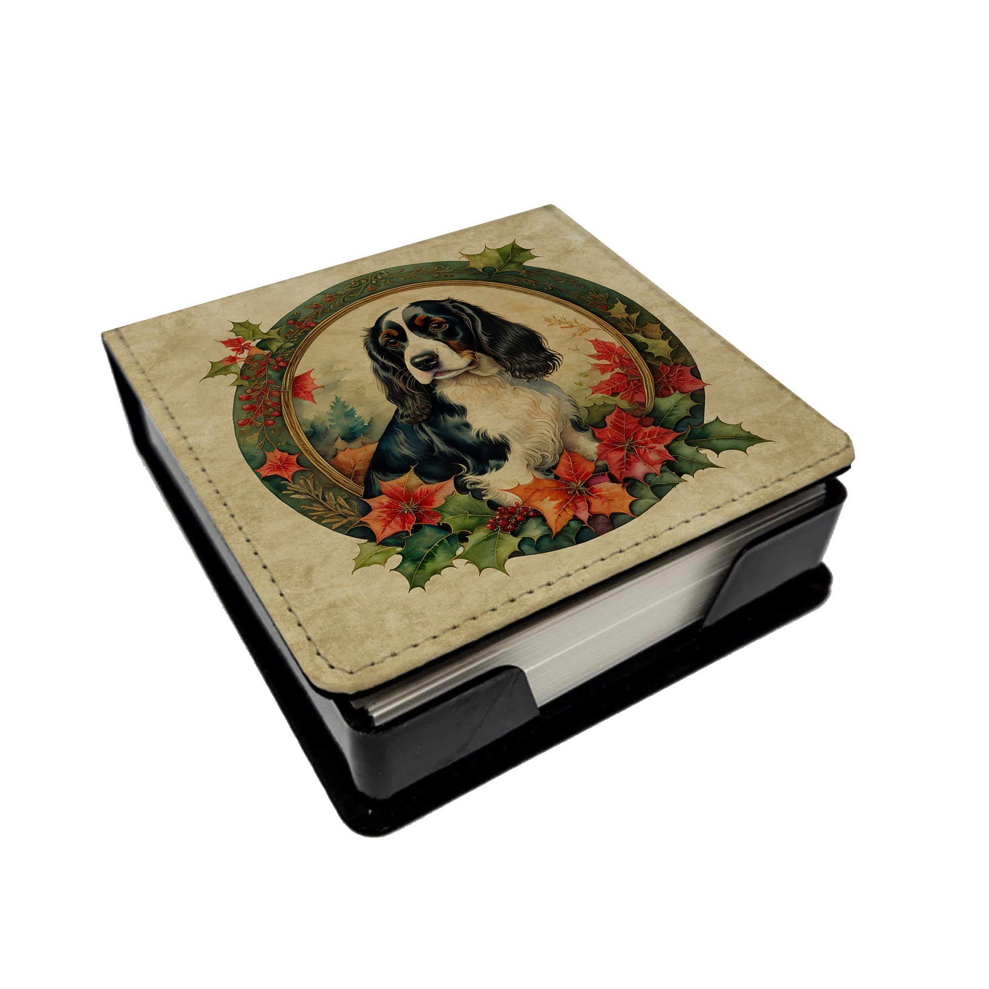 English Springer Spaniel Christmas Flowers PU Leather Note Paper Holder with Artist-Designed Cover, Desk Accessory, Office Gift