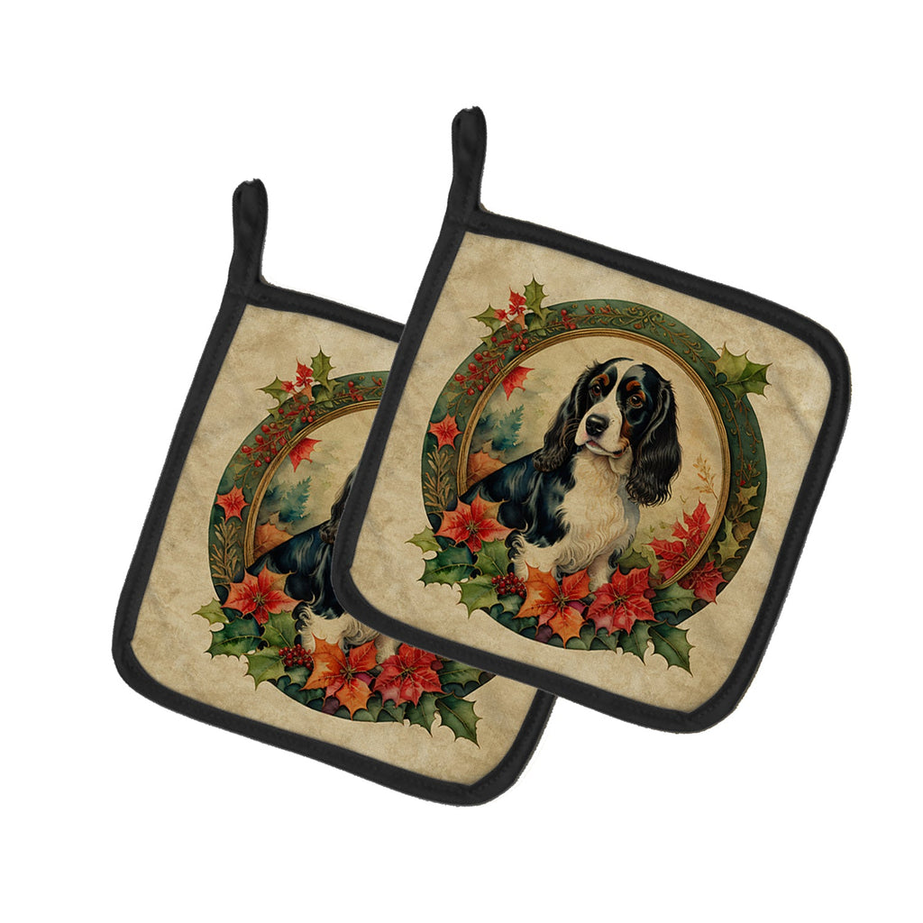 English Springer Spaniel Christmas Flowers Pot Holder Set of 2 Heat Resistant Quilted Hot Pads 7.5 x 7.5 Inch, Insulated Kitchen Trivets for Cooking & Baking