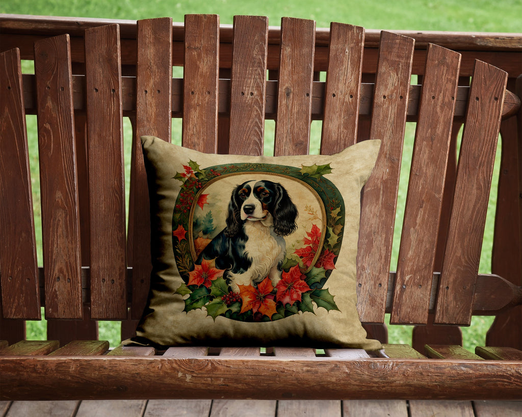 English Springer Spaniel Christmas Flowers Decorative Throw Pillow 14x14 Indoor Outdoor Accent Cushion, Fabric Cover with Insert for Sofa, Bed, Porch & Living Room