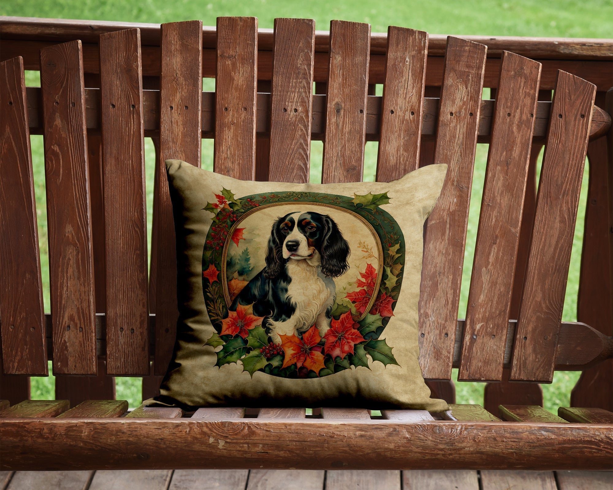 English Springer Spaniel Christmas Flowers Decorative Throw Pillow 14x14 Indoor Outdoor Accent Cushion, Fabric Cover with Insert for Sofa, Bed, Porch & Living Room