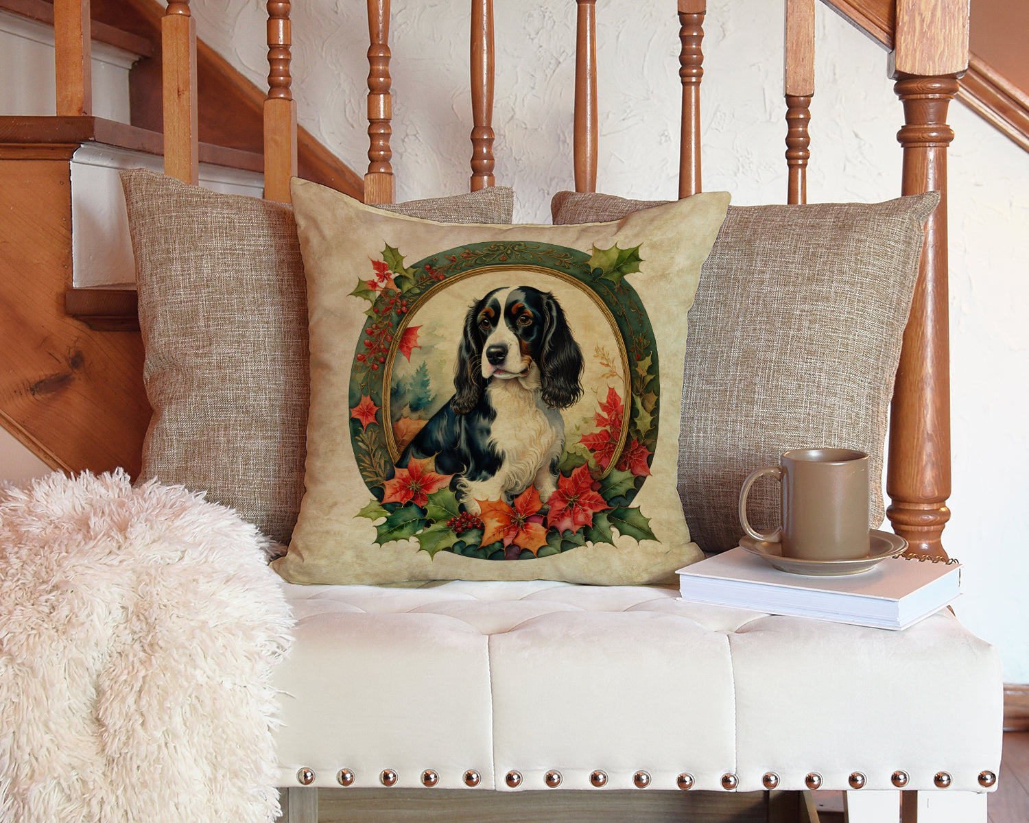 English Springer Spaniel Christmas Flowers Decorative Throw Pillow 14x14 Indoor Outdoor Accent Cushion, Fabric Cover with Insert for Sofa, Bed, Porch & Living Room