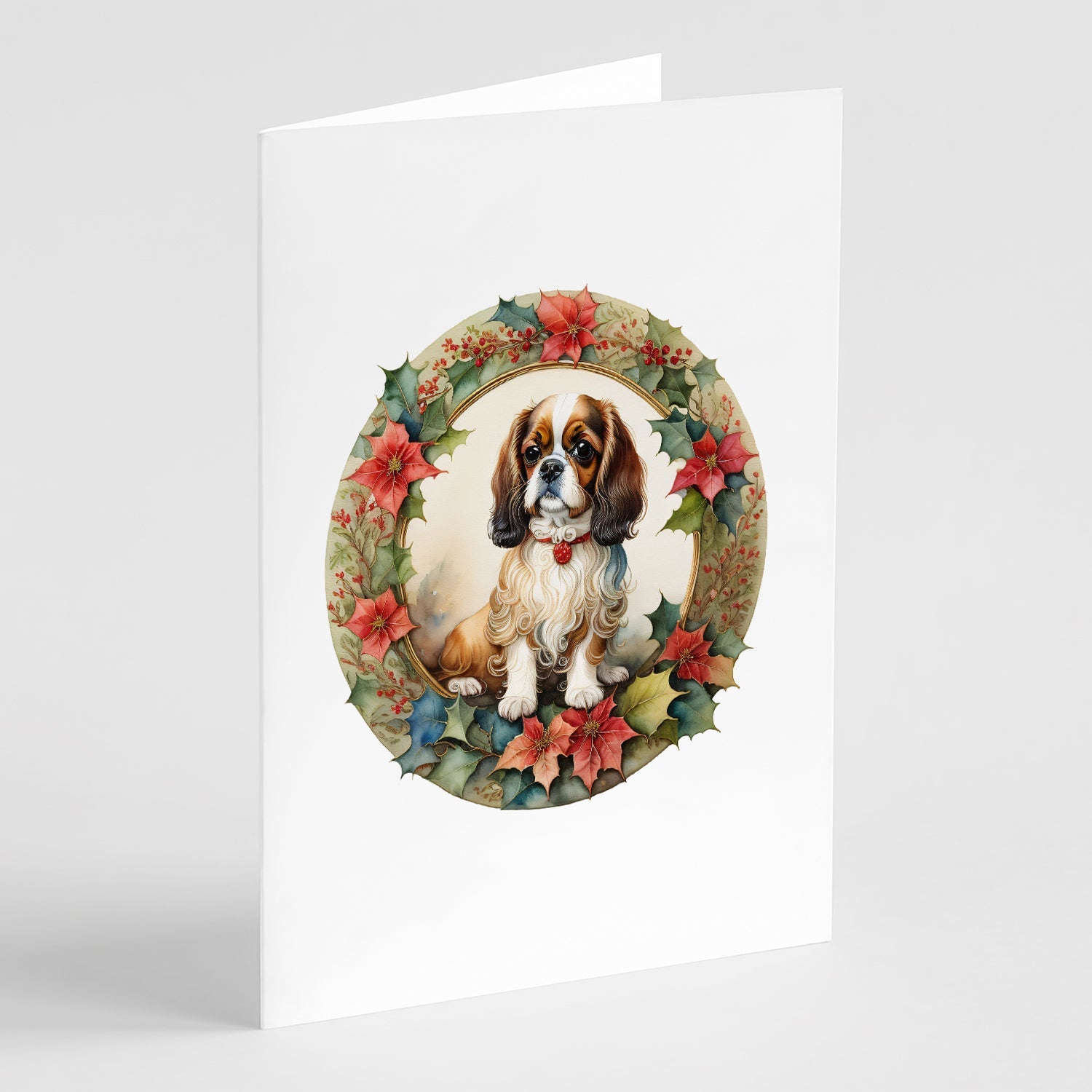 English Toy Spaniel Christmas Flowers Greeting Cards Pack of 8 Blank Cards with Envelopes Whimsical A7 Size 5x7