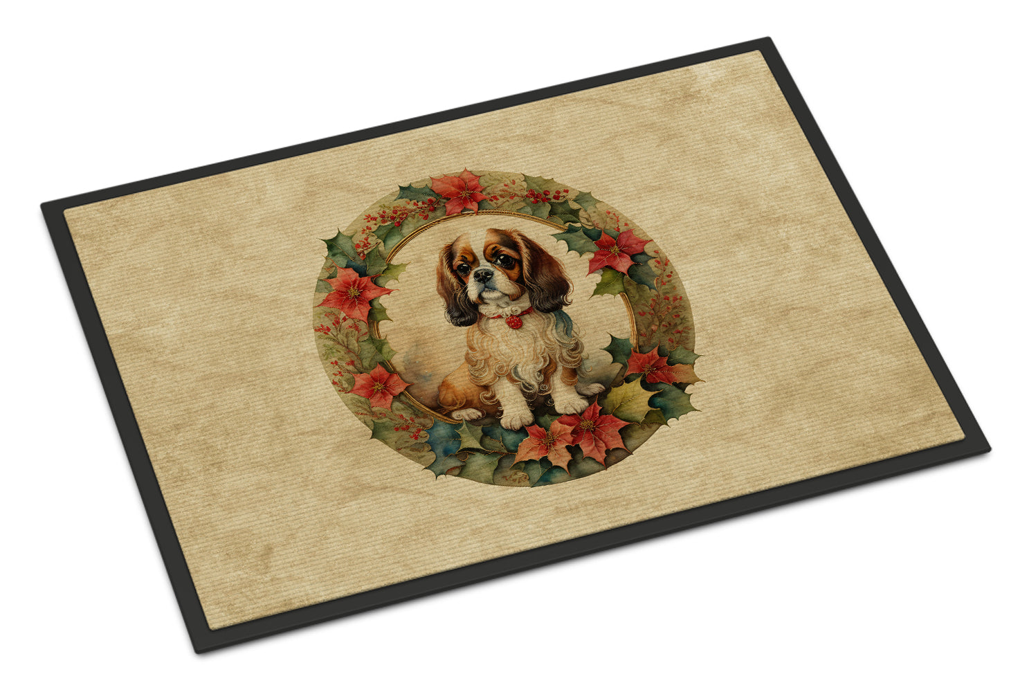 English Toy Spaniel Christmas Flowers Doormat Indoor Outdoor 24H X 36W Front Door Mat Rugs for Entryway, Non Slip Washable Low Pile,