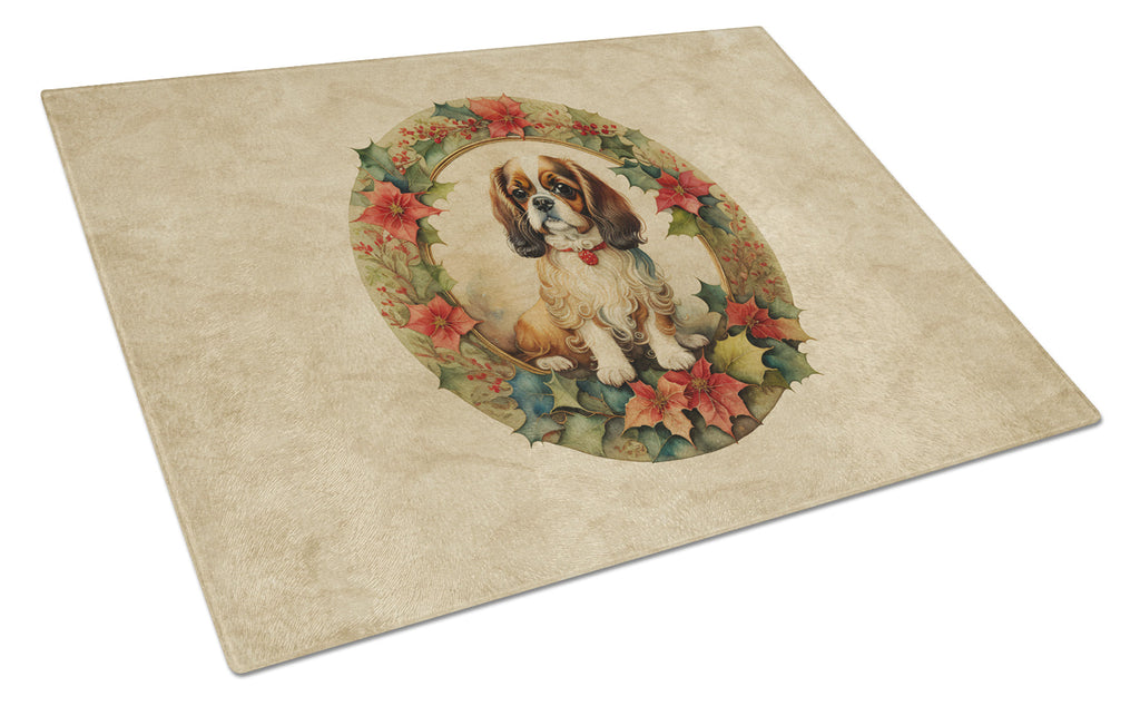 English Toy Spaniel Christmas Flowers Cutting Board Tempered Glass Kitchen Cutting Surface, Heat Resistant Chopping, Non-Slip Feet, Food Prep & Serving