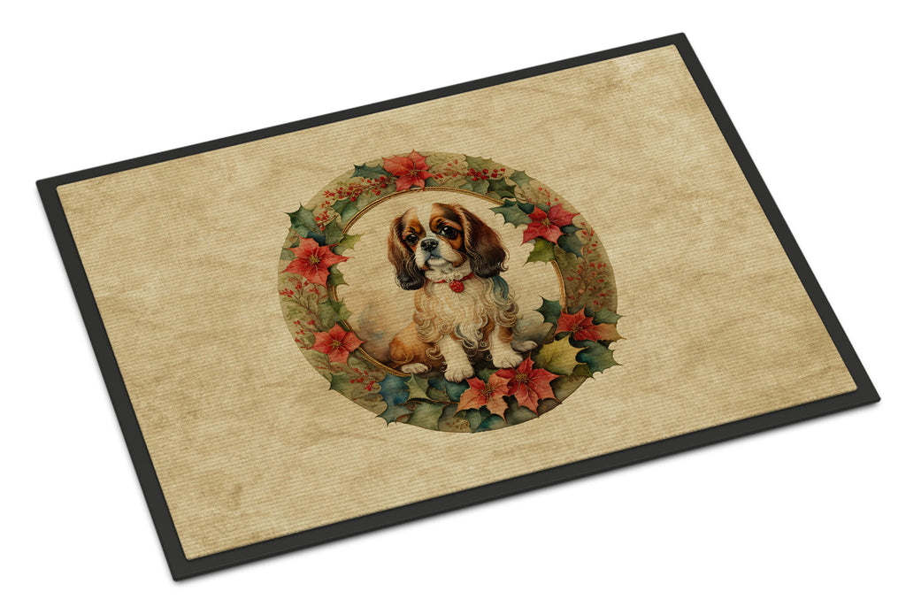 English Toy Spaniel Christmas Flowers Doormat Indoor Outdoor 18H X 27W Front Door Mat Rugs for Entryway, Non Slip Washable