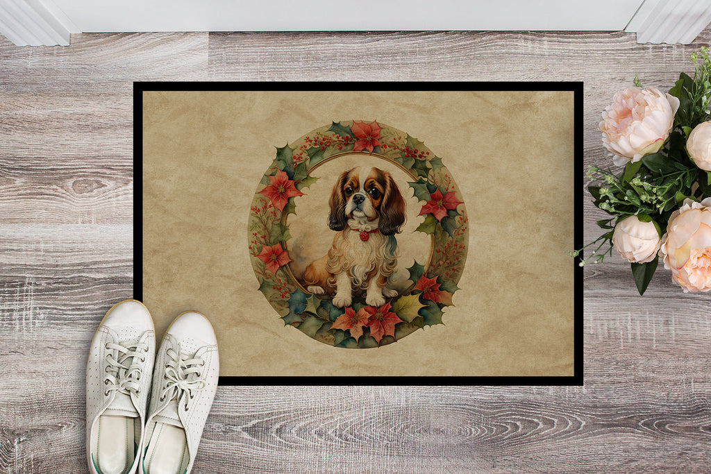 English Toy Spaniel Christmas Flowers Doormat Indoor Outdoor 18H X 27W Front Door Mat Rugs for Entryway, Non Slip Washable
