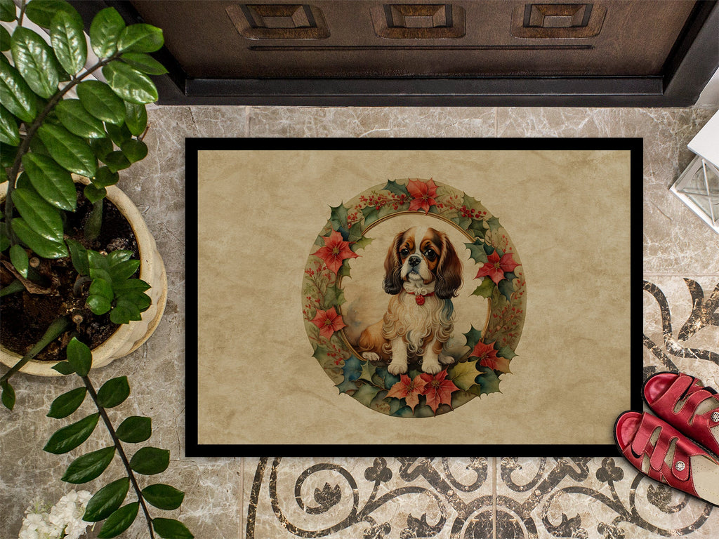 English Toy Spaniel Christmas Flowers Doormat Indoor Outdoor 18H X 27W Front Door Mat Rugs for Entryway, Non Slip Washable