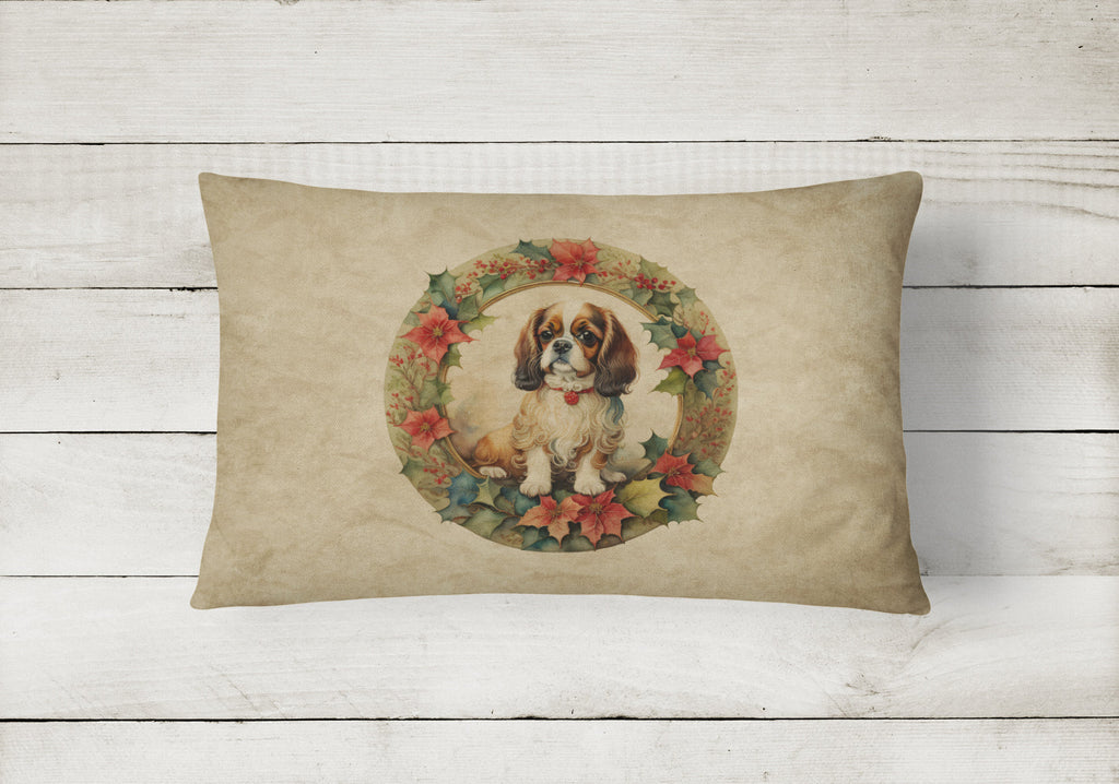 English Toy Spaniel Christmas Flowers Decorative Throw Pillow 12x16 Indoor Outdoor Accent Cushion, Fabric Cover with Insert for Sofa, Bed, Porch & Living Room