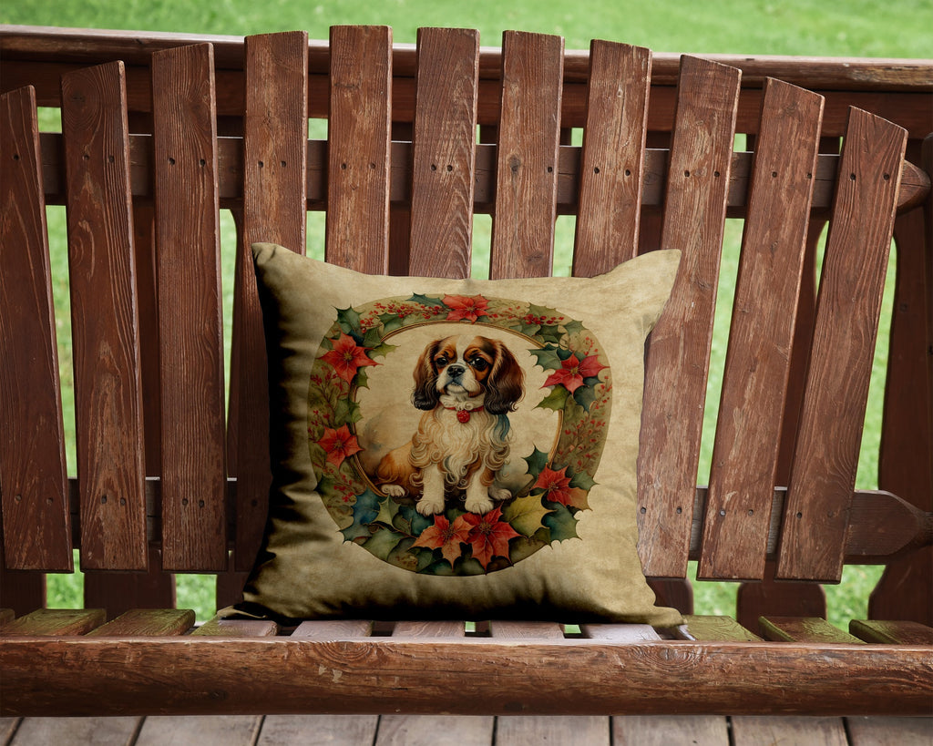 English Toy Spaniel Christmas Flowers Decorative Throw Pillow 14x14 Indoor Outdoor Accent Cushion, Fabric Cover with Insert for Sofa, Bed, Porch & Living Room