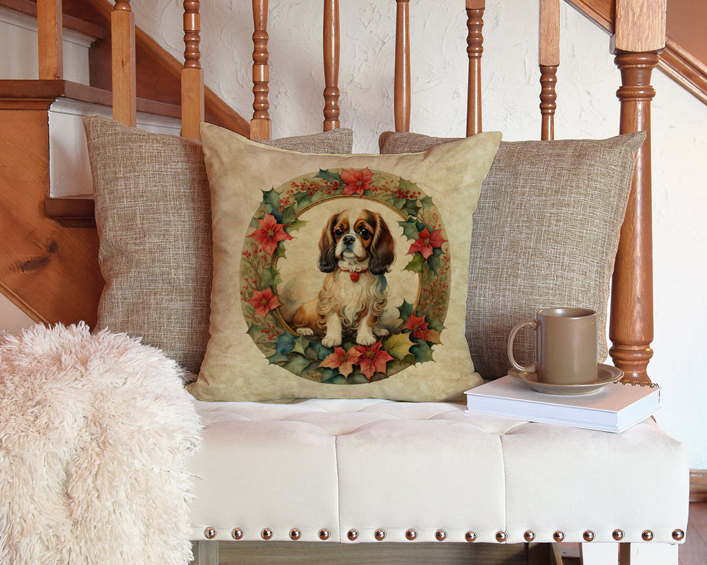 English Toy Spaniel Christmas Flowers Decorative Throw Pillow 14x14 Indoor Outdoor Accent Cushion, Fabric Cover with Insert for Sofa, Bed, Porch & Living Room