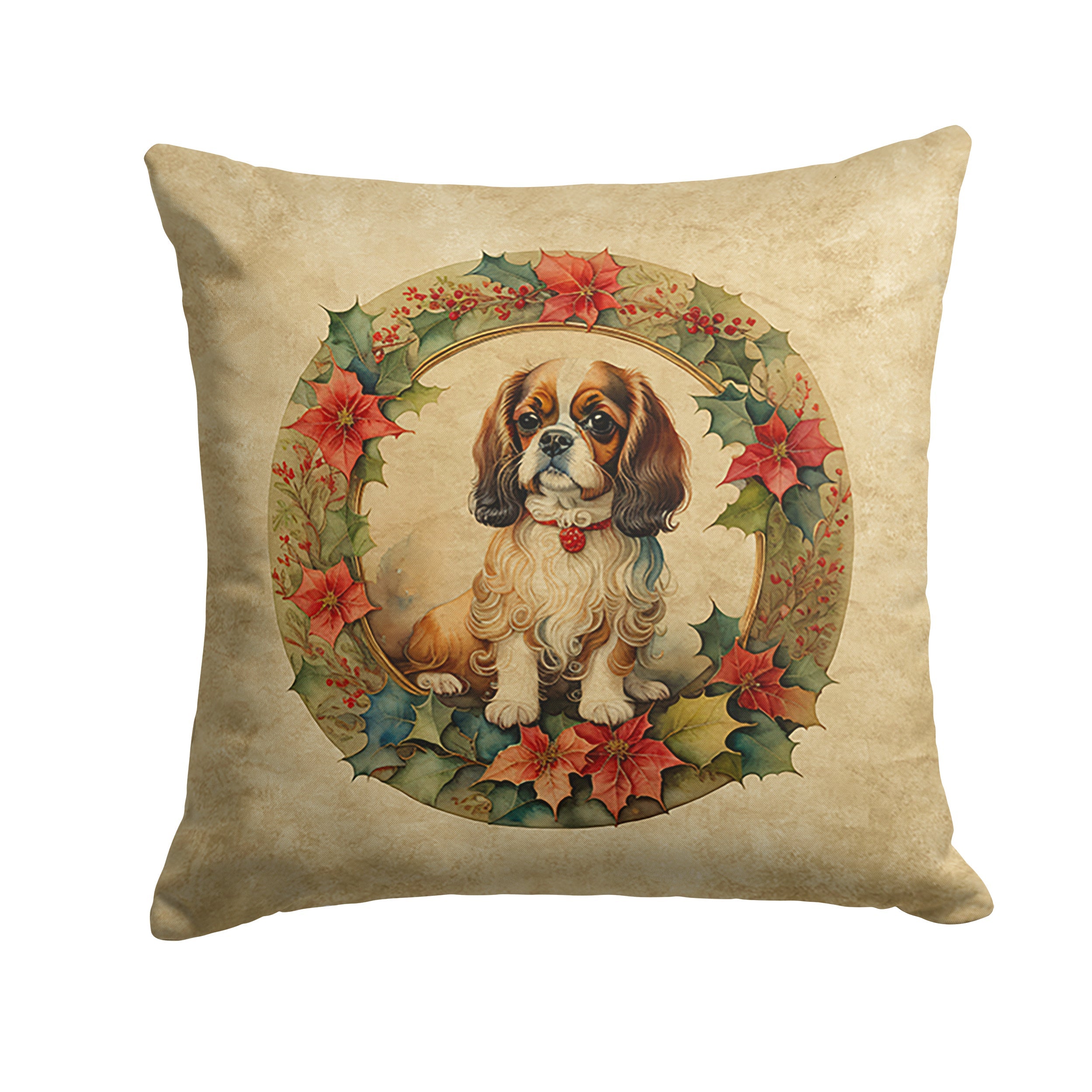 English Toy Spaniel Christmas Flowers Decorative Throw Pillow 18x18 Indoor Outdoor Accent Cushion, Fabric Cover with Insert for Sofa, Bed, Porch & Living Room