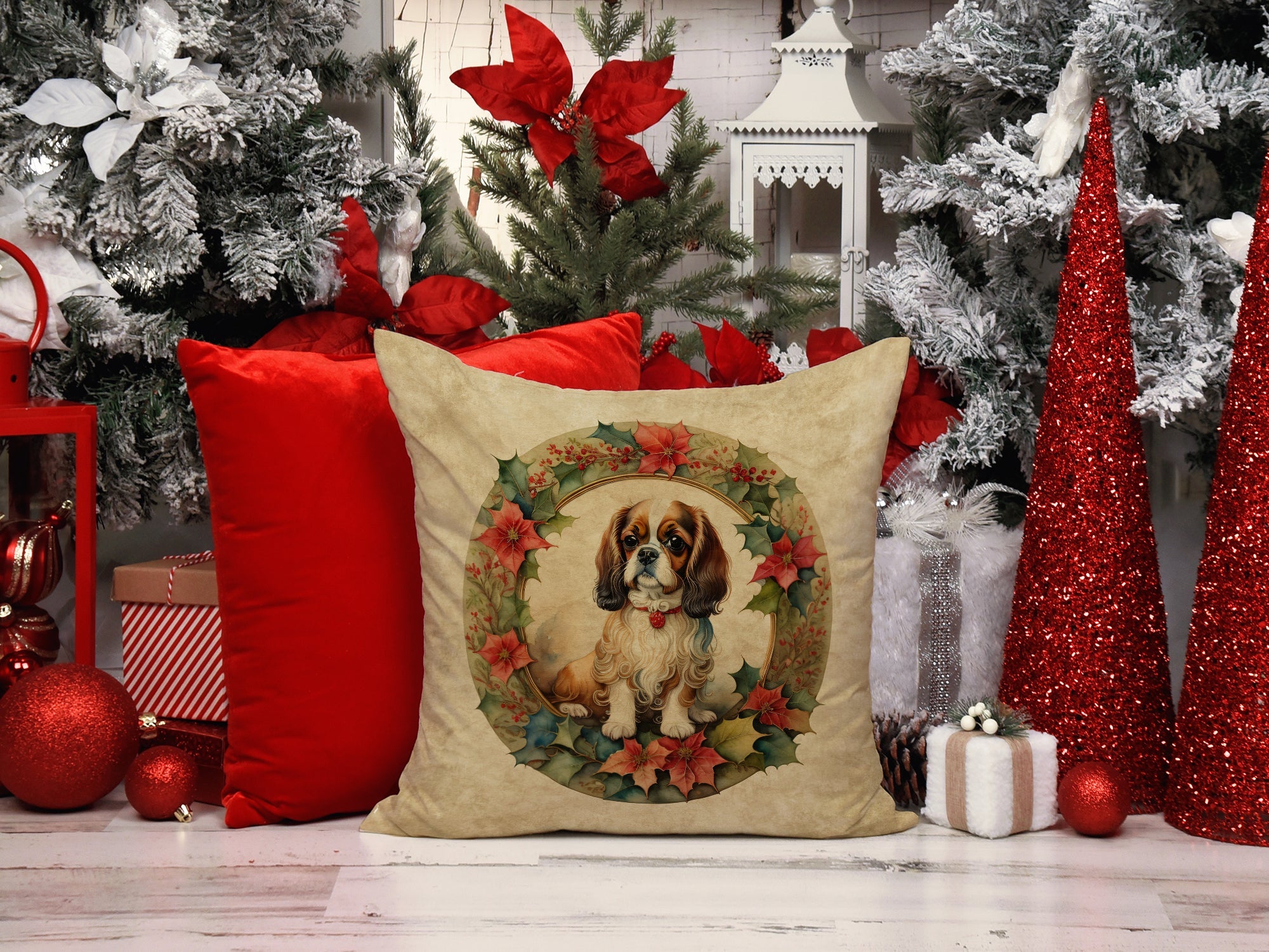 English Toy Spaniel Christmas Flowers Decorative Throw Pillow 18x18 Indoor Outdoor Accent Cushion, Fabric Cover with Insert for Sofa, Bed, Porch & Living Room