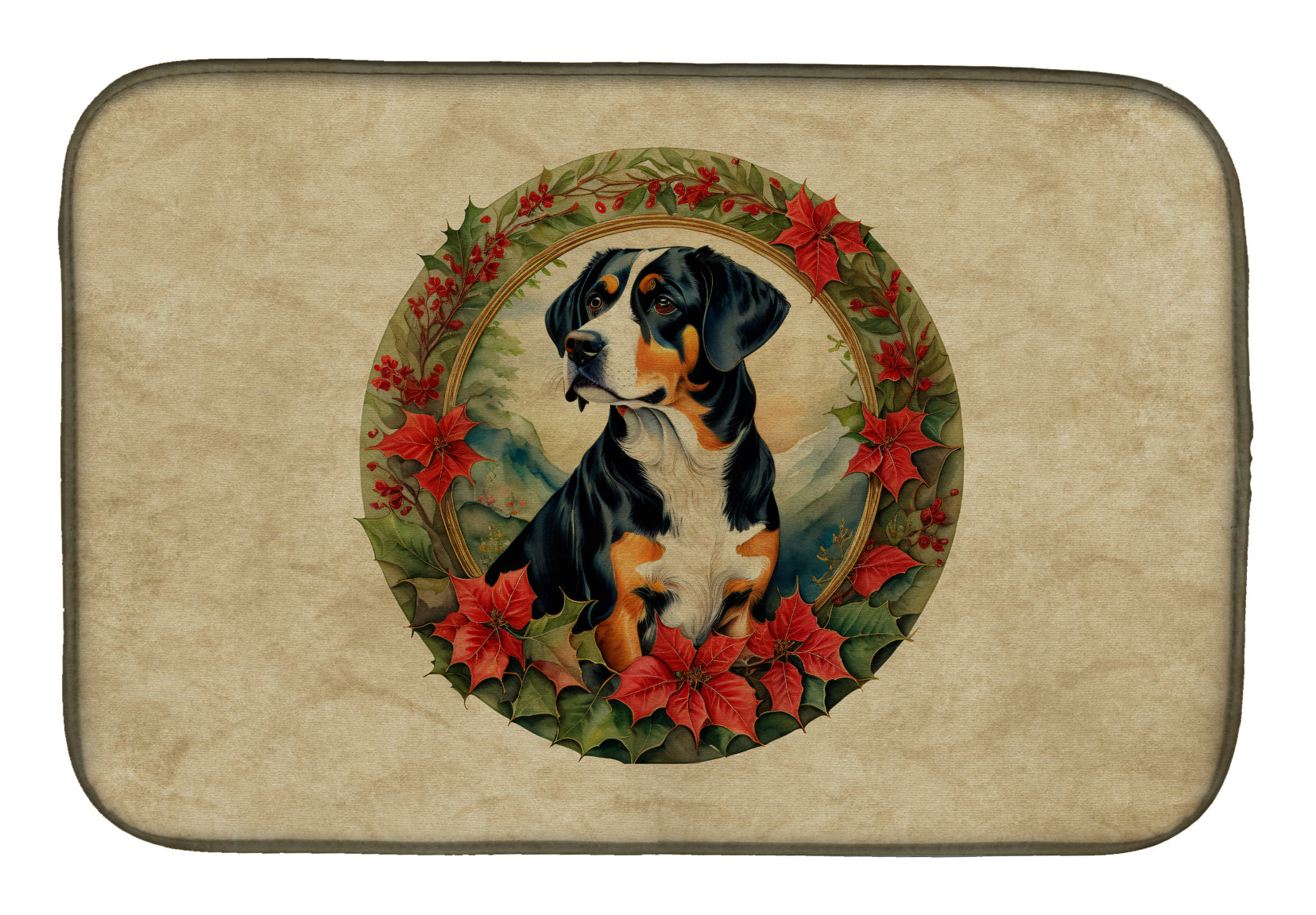 Entlebucher Mountain Dog Christmas Flowers Dish Drying Mat Absorbent Dish Drying Mat Pad for Kitchen Counter Dish Drainer Mat for Countertop, 14 x 21", Multicolor