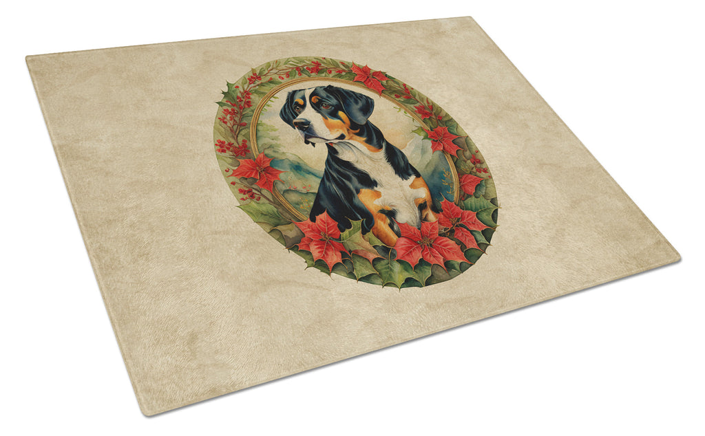 Entlebucher Mountain Dog Christmas Flowers Cutting Board Tempered Glass Kitchen Cutting Surface, Heat Resistant Chopping, Non-Slip Feet, Food Prep & Serving