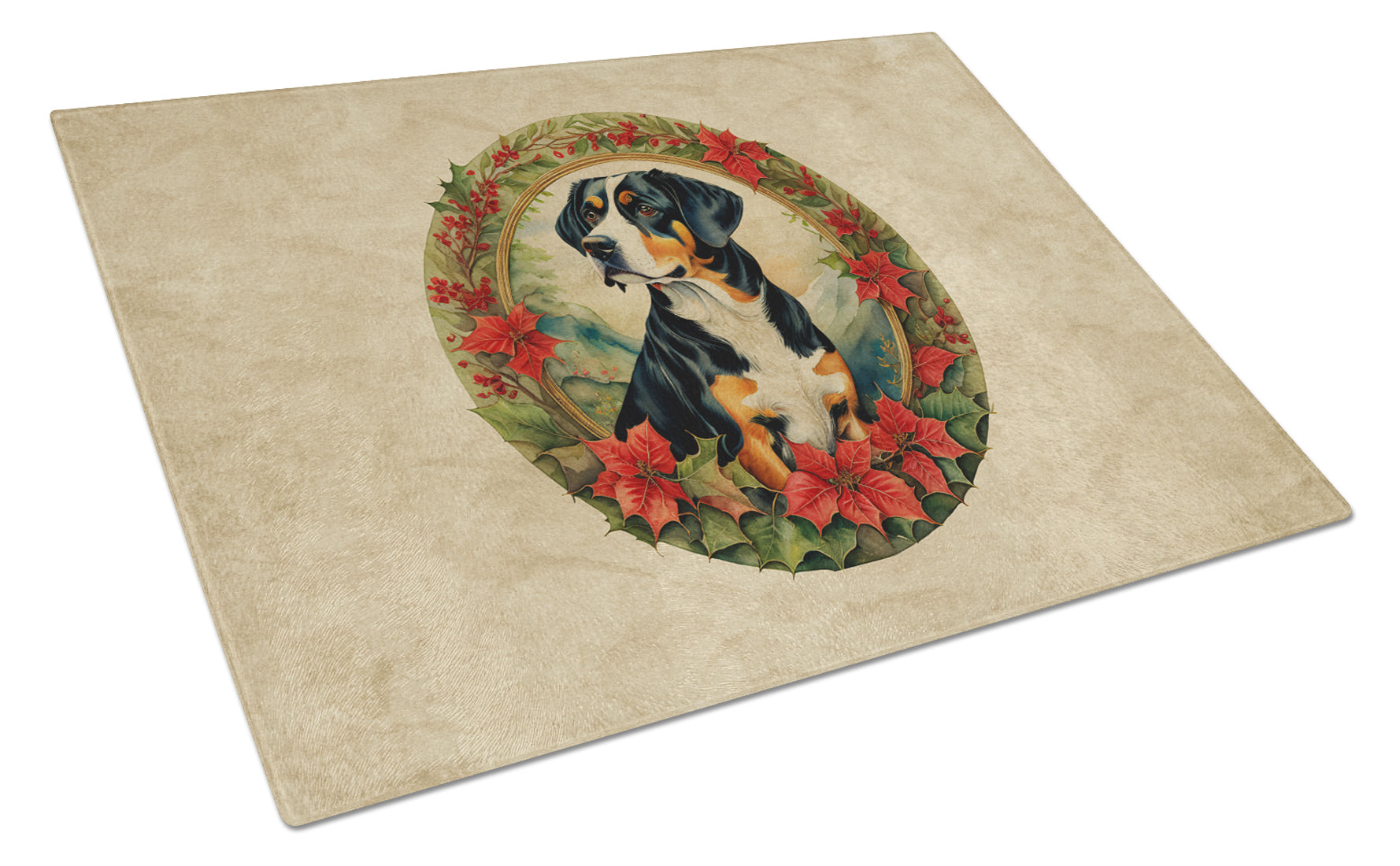Entlebucher Mountain Dog Christmas Flowers Cutting Board Tempered Glass Kitchen Cutting Surface, Heat Resistant Chopping, Non-Slip Feet, Food Prep & Serving