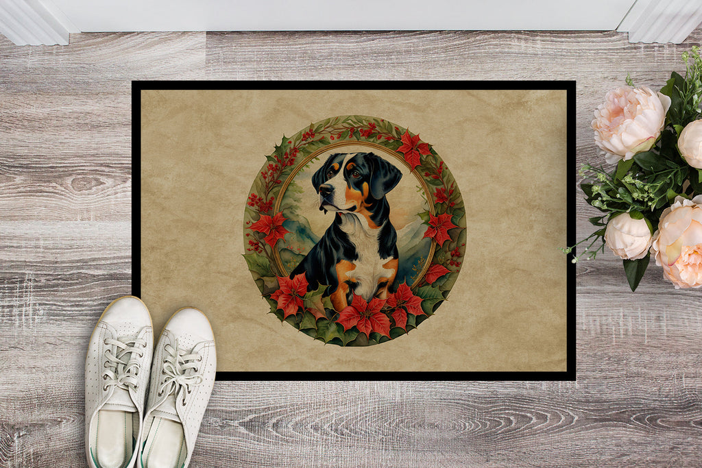Entlebucher Mountain Dog Christmas Flowers Doormat Indoor Outdoor 18H X 27W Front Door Mat Rugs for Entryway, Non Slip Washable
