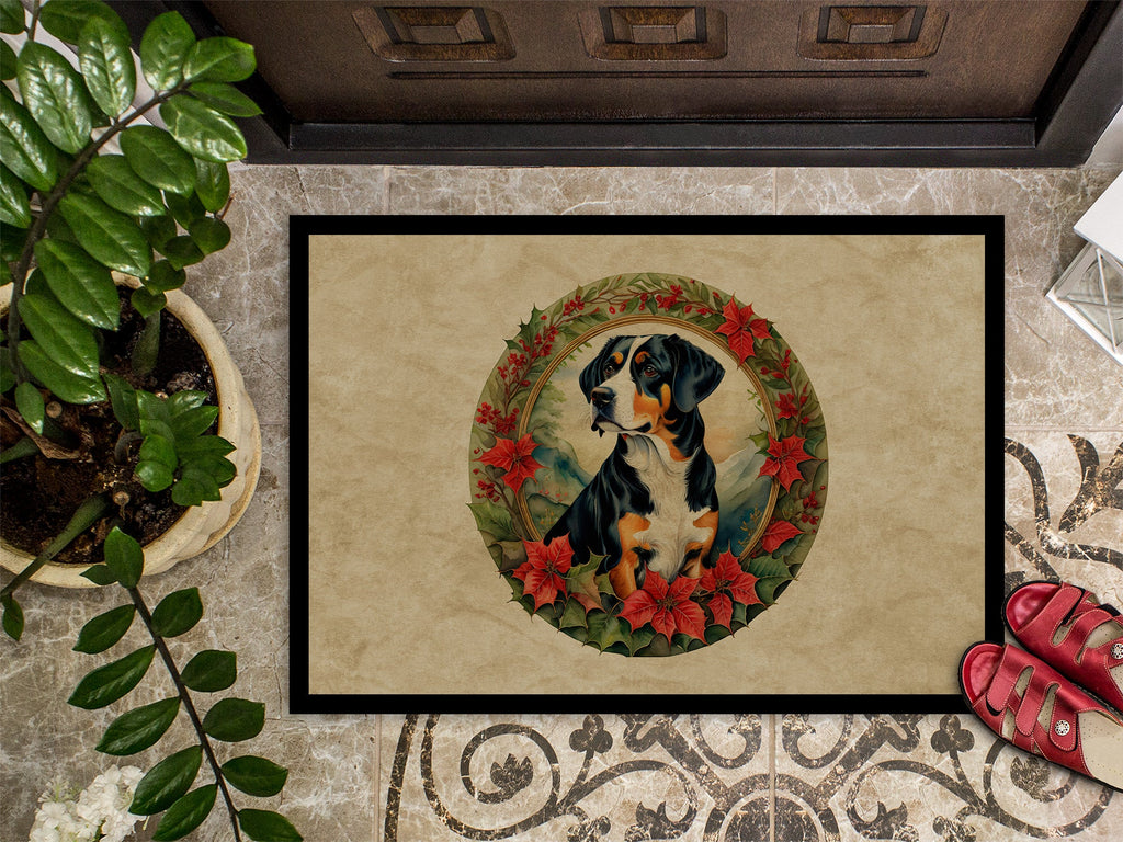 Entlebucher Mountain Dog Christmas Flowers Doormat Indoor Outdoor 18H X 27W Front Door Mat Rugs for Entryway, Non Slip Washable
