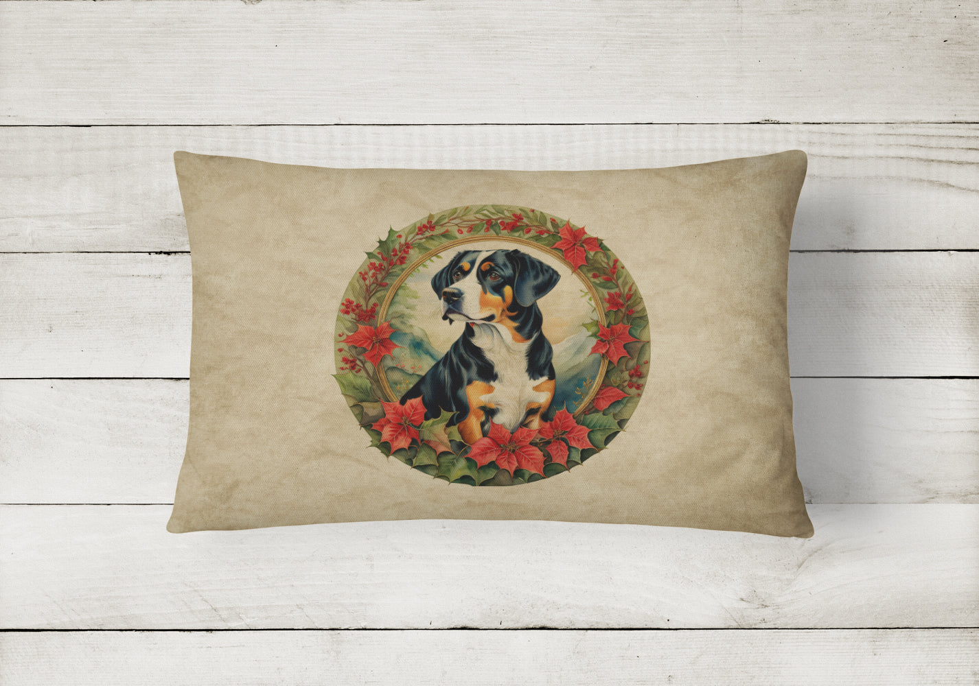 Entlebucher Mountain Dog Christmas Flowers Decorative Throw Pillow 12x16 Indoor Outdoor Accent Cushion, Fabric Cover with Insert for Sofa, Bed, Porch & Living Room