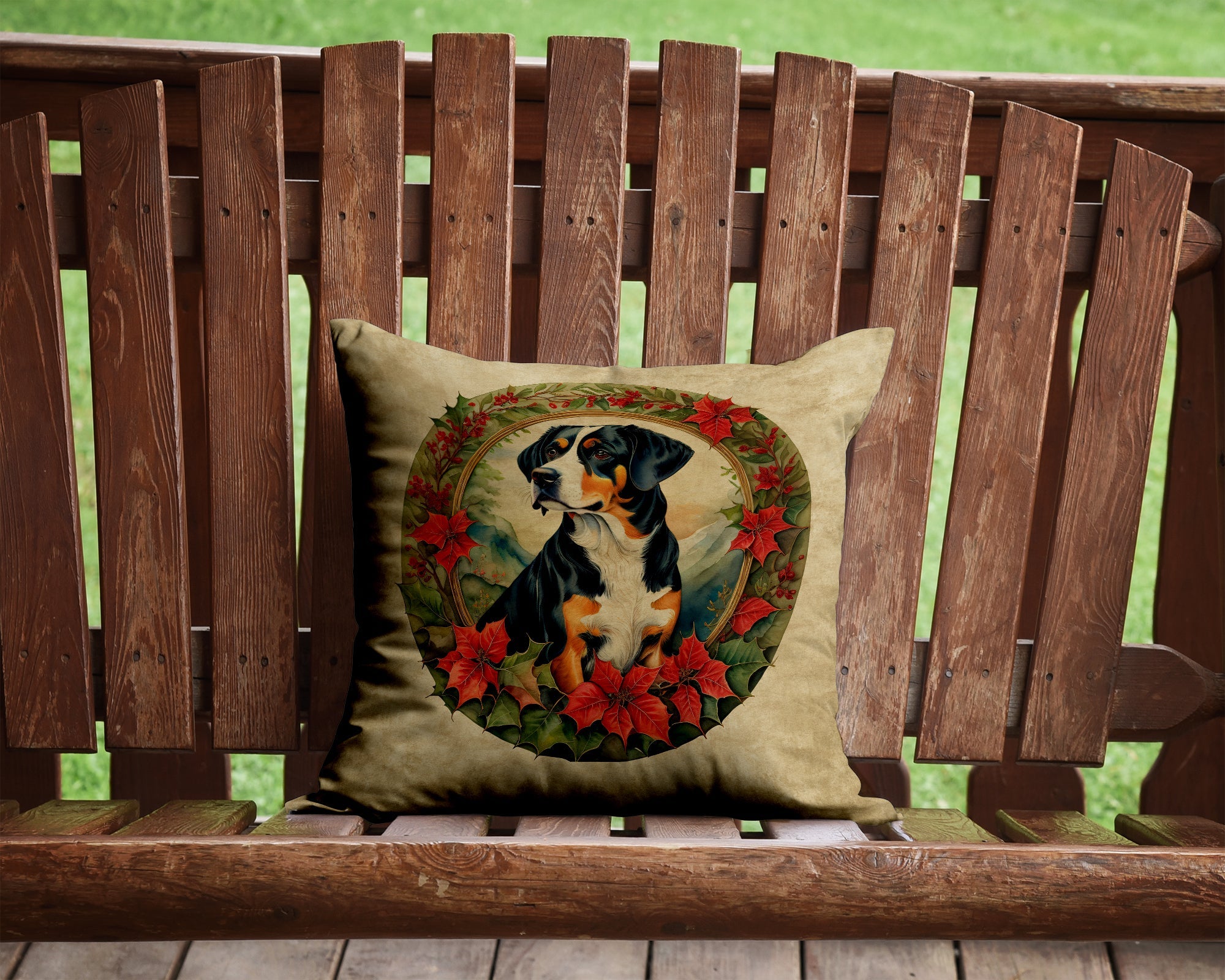 Entlebucher Mountain Dog Christmas Flowers Decorative Throw Pillow 14x14 Indoor Outdoor Accent Cushion, Fabric Cover with Insert for Sofa, Bed, Porch & Living Room
