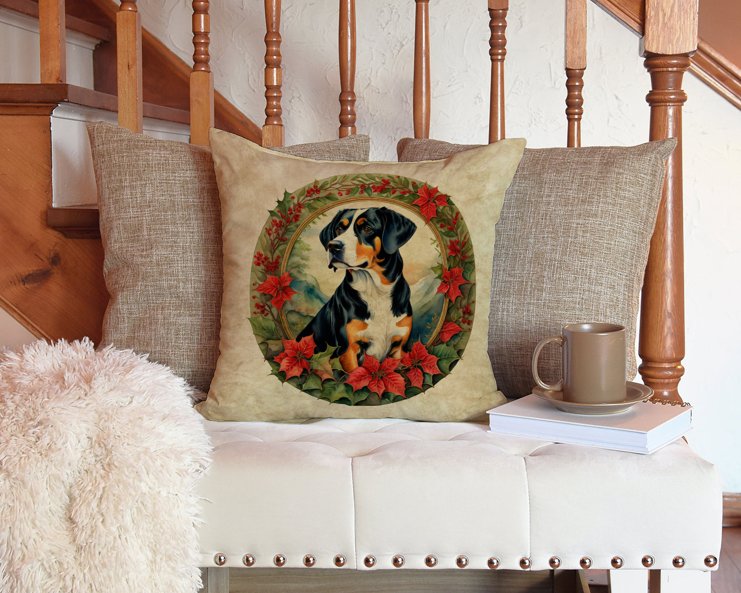 Entlebucher Mountain Dog Christmas Flowers Decorative Throw Pillow 14x14 Indoor Outdoor Accent Cushion, Fabric Cover with Insert for Sofa, Bed, Porch & Living Room