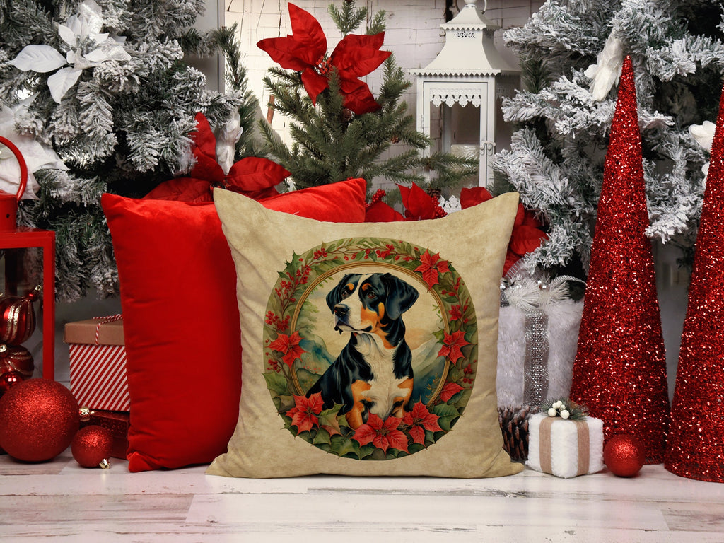Entlebucher Mountain Dog Christmas Flowers Decorative Throw Pillow 18x18 Indoor Outdoor Accent Cushion, Fabric Cover with Insert for Sofa, Bed, Porch & Living Room
