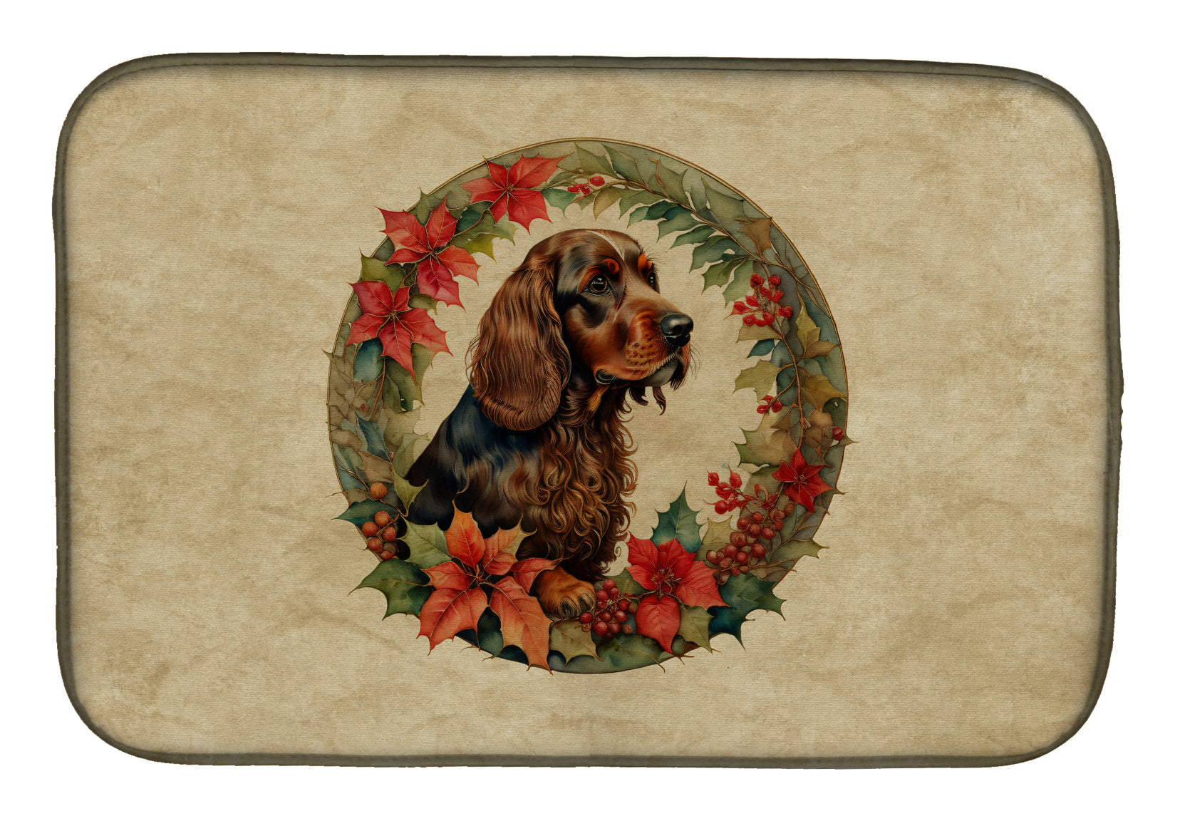 Field Spaniel Christmas Flowers Dish Drying Mat Absorbent Dish Drying Mat Pad for Kitchen Counter Dish Drainer Mat for Countertop, 14 x 21", Multicolor