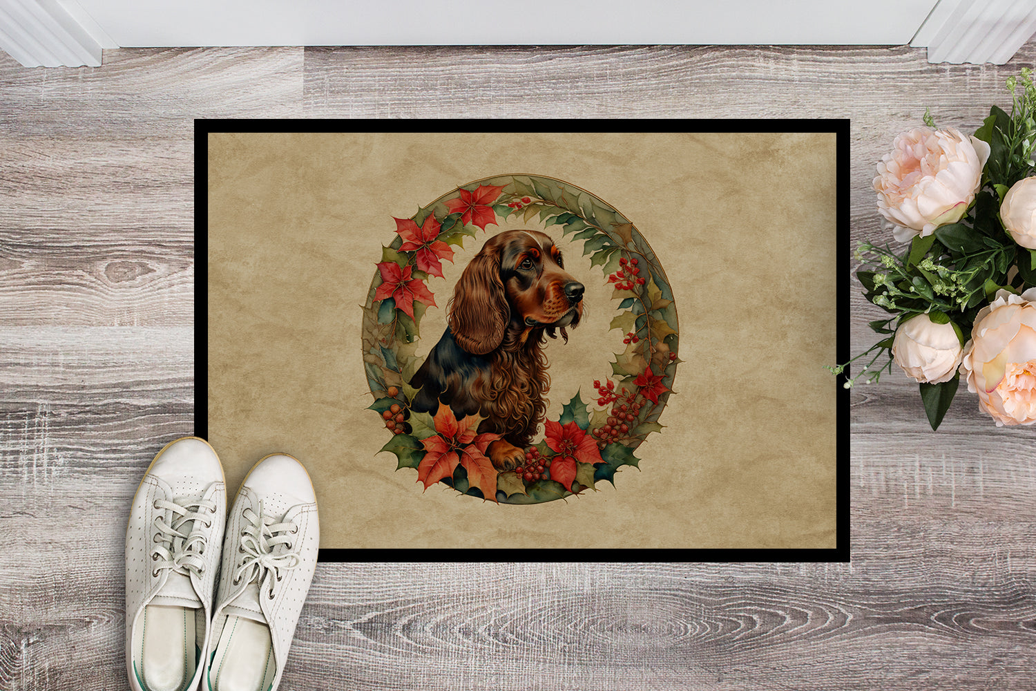 Field Spaniel Christmas Flowers Doormat Indoor Outdoor 24H X 36W Front Door Mat Rugs for Entryway, Non Slip Washable Low Pile,