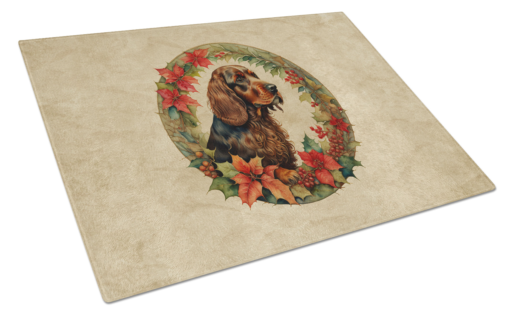 Field Spaniel Christmas Flowers Cutting Board Tempered Glass Kitchen Cutting Surface, Heat Resistant Chopping, Non-Slip Feet, Food Prep & Serving