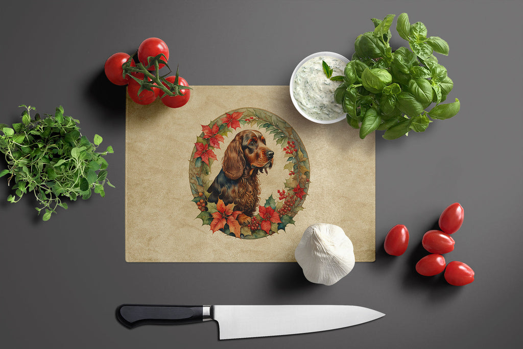 Field Spaniel Christmas Flowers Cutting Board Tempered Glass Kitchen Cutting Surface, Heat Resistant Chopping, Non-Slip Feet, Food Prep & Serving