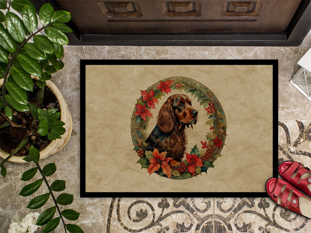 Field Spaniel Christmas Flowers Doormat Indoor Outdoor 18H X 27W Front Door Mat Rugs for Entryway, Non Slip Washable