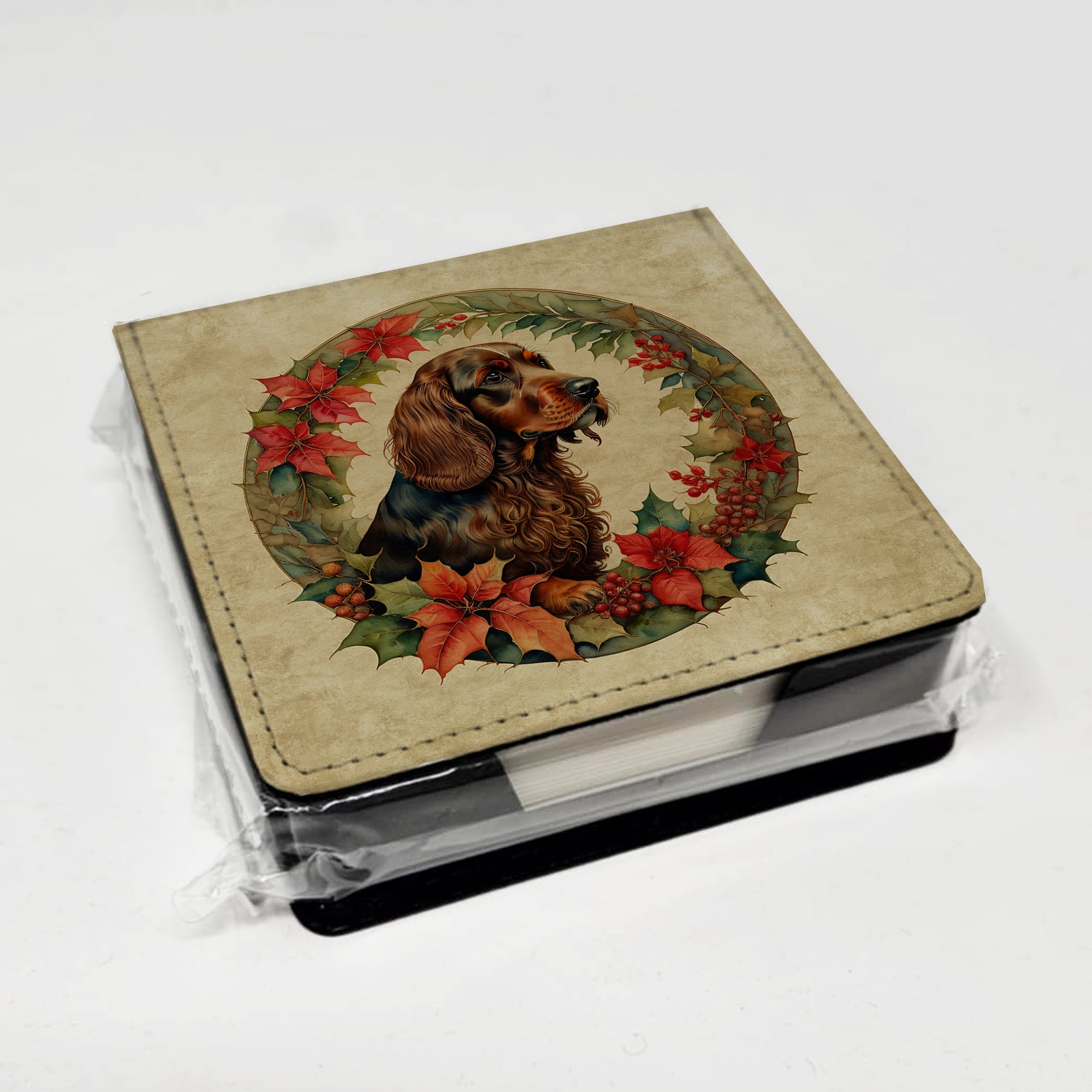 Field Spaniel Christmas Flowers PU Leather Note Paper Holder with Artist-Designed Cover, Desk Accessory, Office Gift