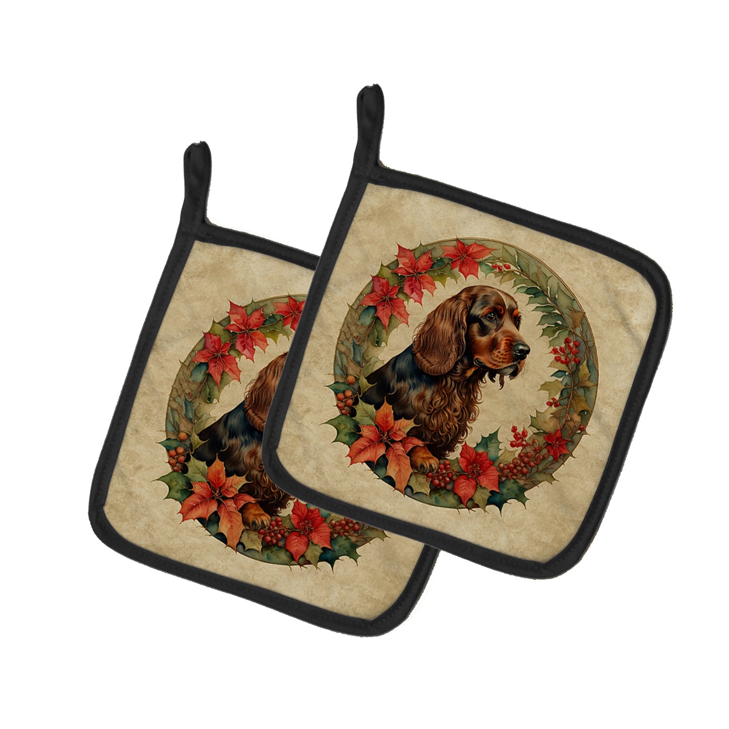 Field Spaniel Christmas Flowers Pot Holder Set of 2 Heat Resistant Quilted Hot Pads 7.5 x 7.5 Inch, Insulated Kitchen Trivets for Cooking & Baking