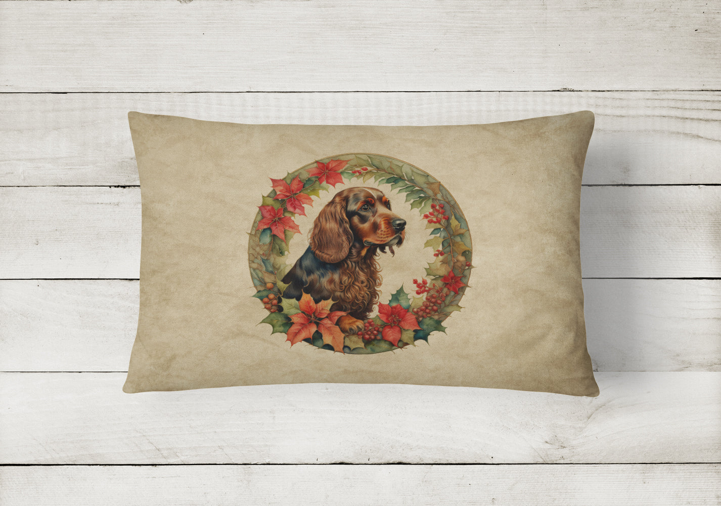 Field Spaniel Christmas Flowers Decorative Throw Pillow 12x16 Indoor Outdoor Accent Cushion, Fabric Cover with Insert for Sofa, Bed, Porch & Living Room