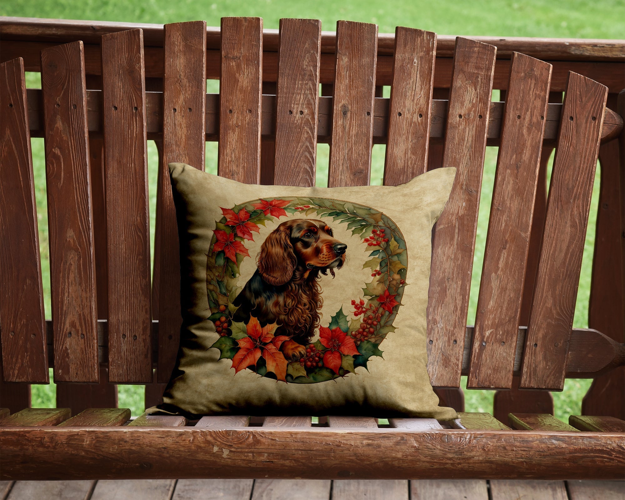 Field Spaniel Christmas Flowers Decorative Throw Pillow 14x14 Indoor Outdoor Accent Cushion, Fabric Cover with Insert for Sofa, Bed, Porch & Living Room