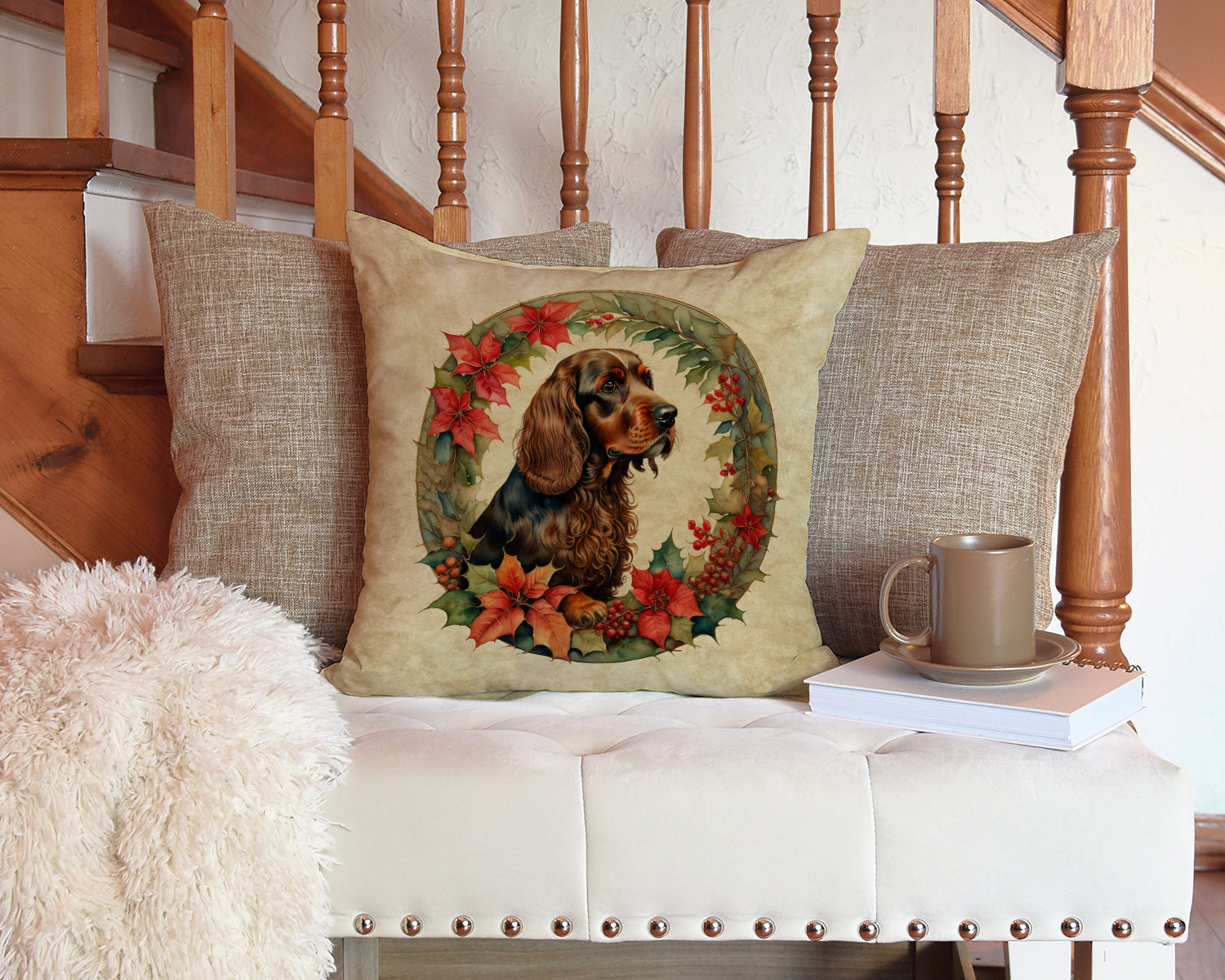Field Spaniel Christmas Flowers Decorative Throw Pillow 14x14 Indoor Outdoor Accent Cushion, Fabric Cover with Insert for Sofa, Bed, Porch & Living Room