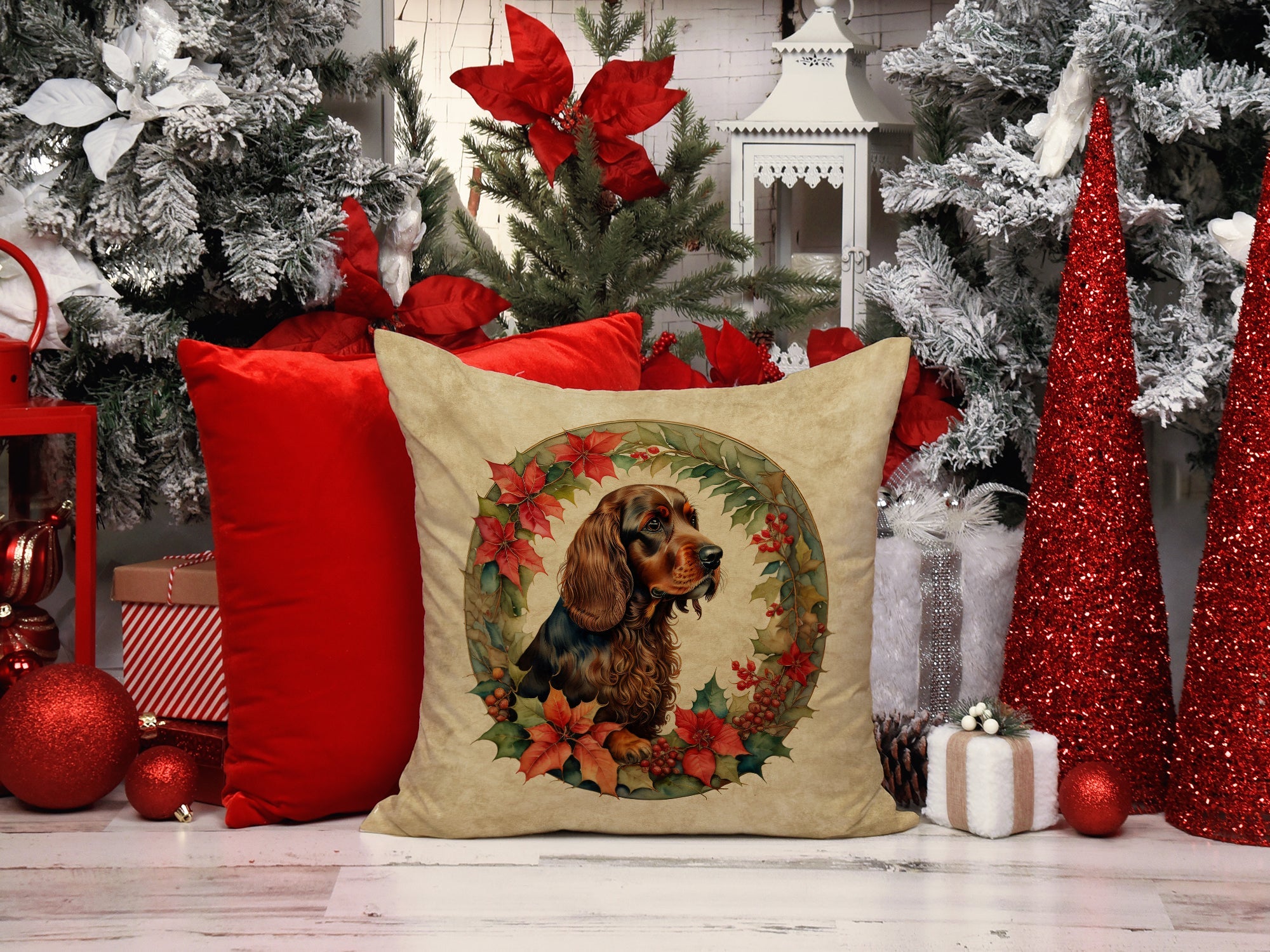 Field Spaniel Christmas Flowers Decorative Throw Pillow 18x18 Indoor Outdoor Accent Cushion, Fabric Cover with Insert for Sofa, Bed, Porch & Living Room