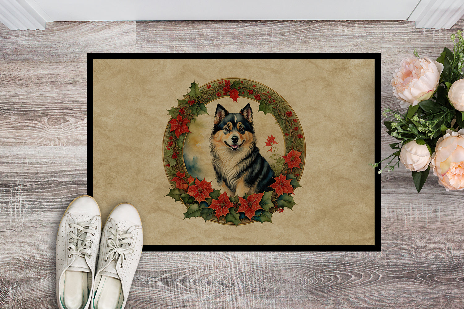 Finnish Lapphund Christmas Flowers Doormat Indoor Outdoor 24H X 36W Front Door Mat Rugs for Entryway, Non Slip Washable Low Pile,