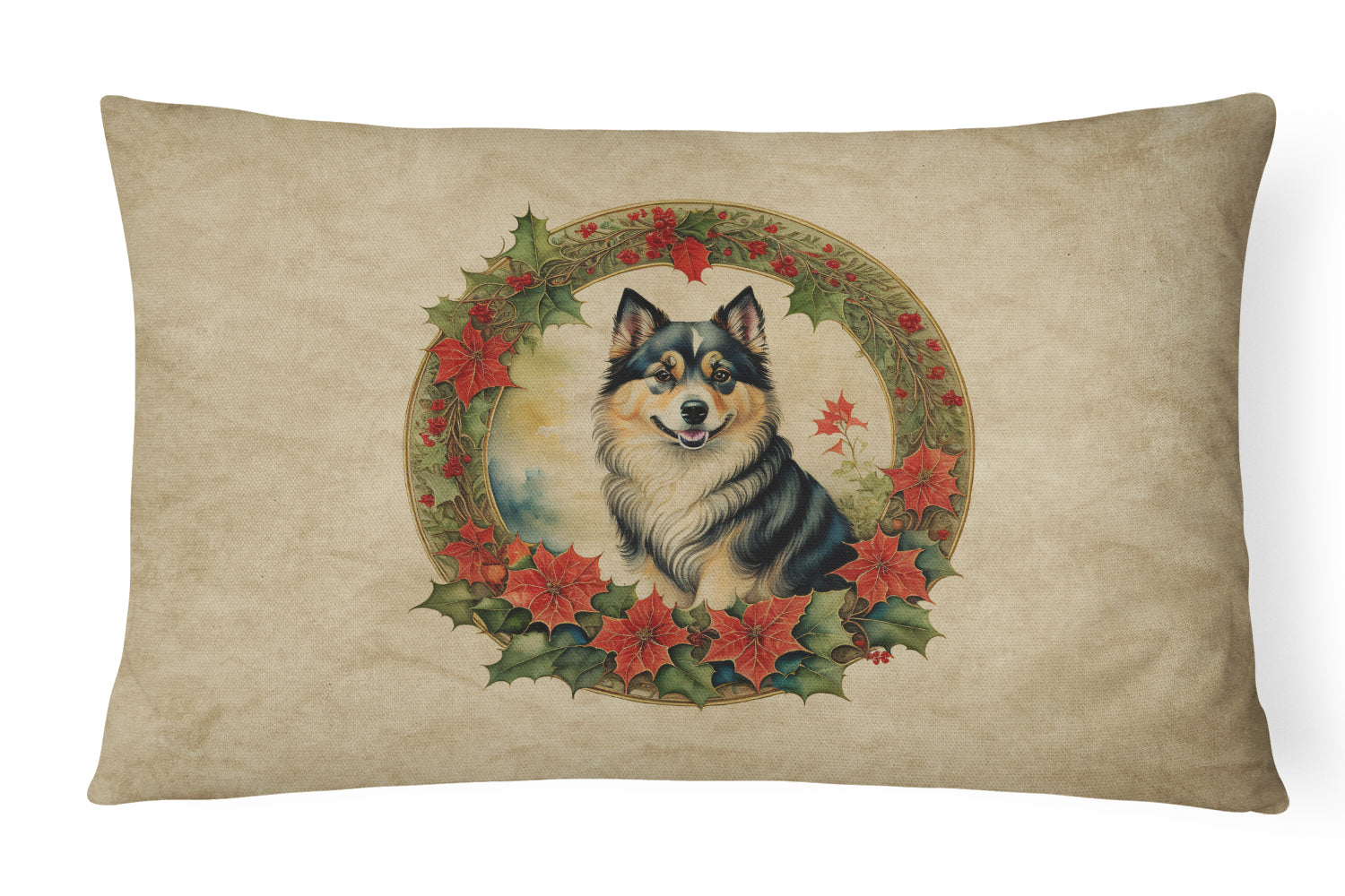 Finnish Lapphund Christmas Flowers Decorative Throw Pillow 12x16 Indoor Outdoor Accent Cushion, Fabric Cover with Insert for Sofa, Bed, Porch & Living Room