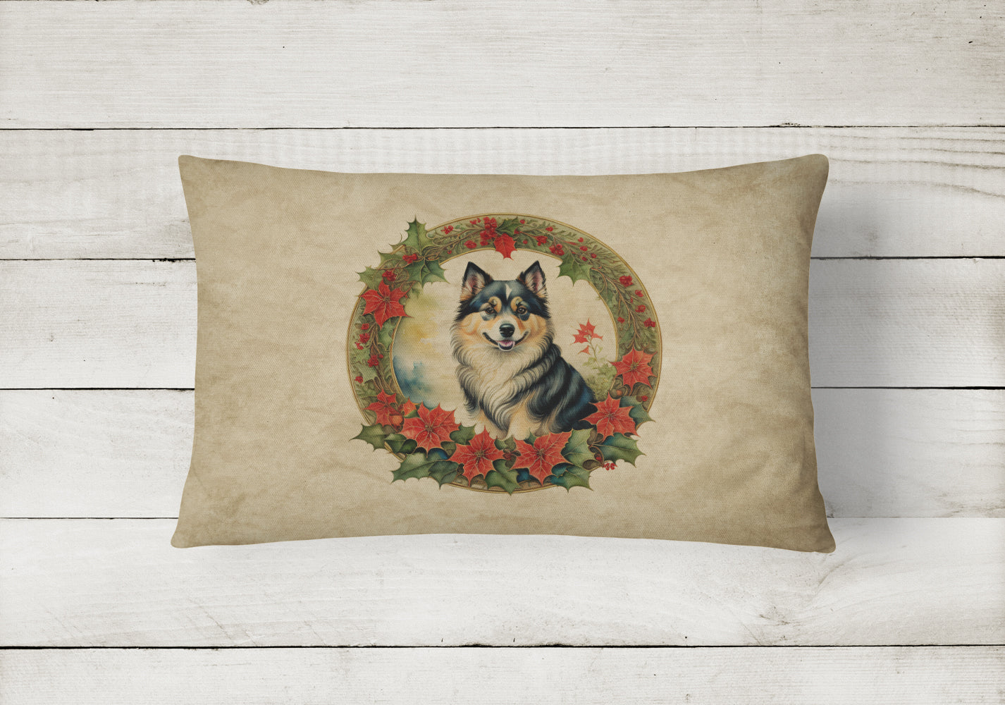 Finnish Lapphund Christmas Flowers Decorative Throw Pillow 12x16 Indoor Outdoor Accent Cushion, Fabric Cover with Insert for Sofa, Bed, Porch & Living Room