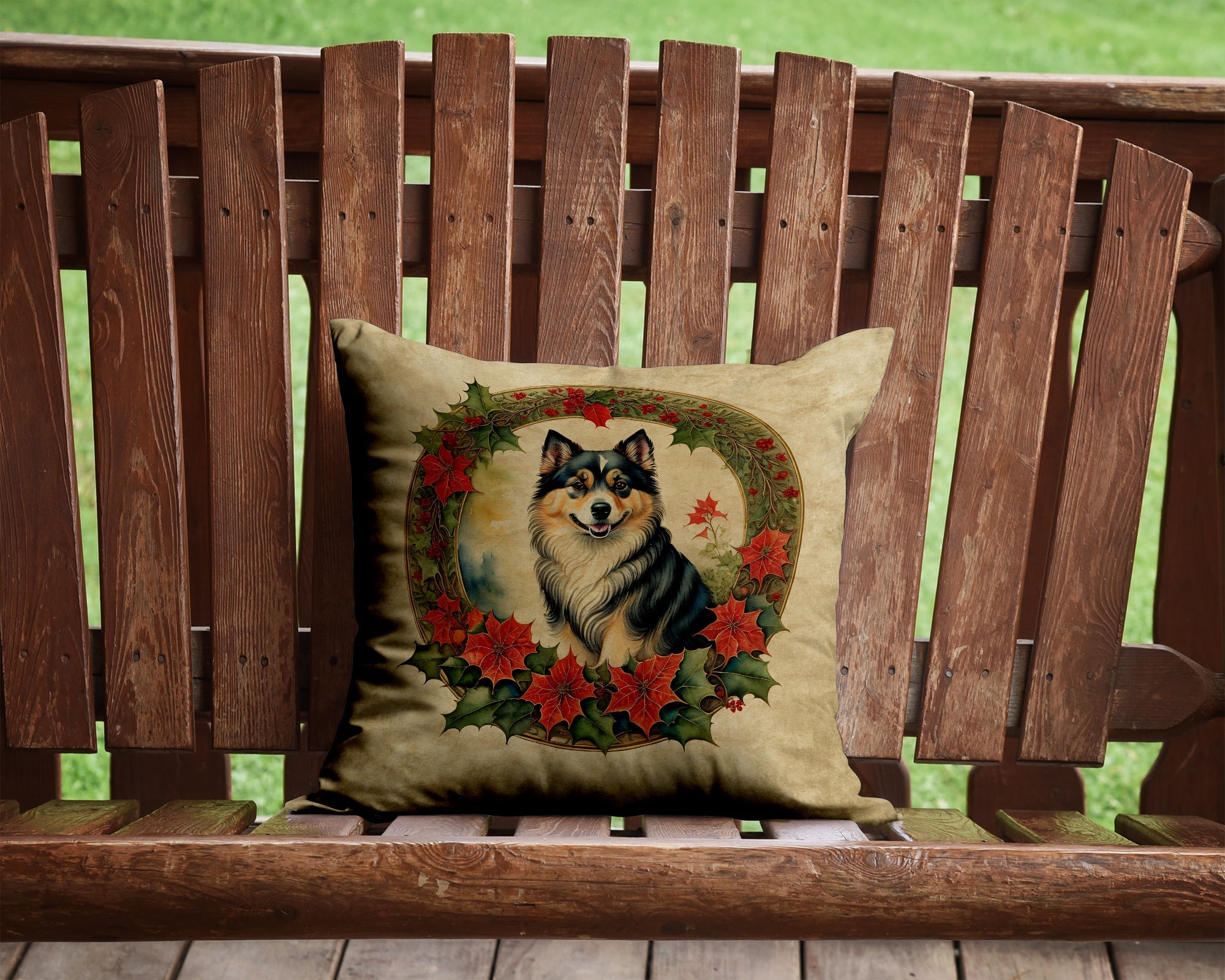 Finnish Lapphund Christmas Flowers Decorative Throw Pillow 14x14 Indoor Outdoor Accent Cushion, Fabric Cover with Insert for Sofa, Bed, Porch & Living Room