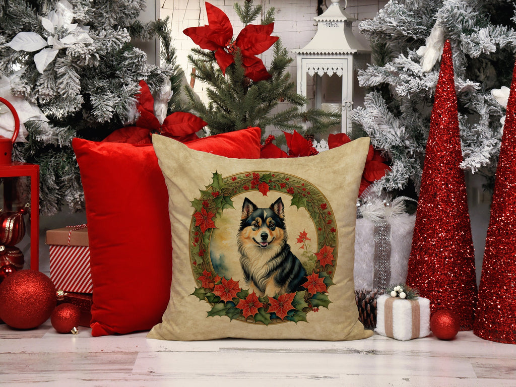 Finnish Lapphund Christmas Flowers Decorative Throw Pillow 18x18 Indoor Outdoor Accent Cushion, Fabric Cover with Insert for Sofa, Bed, Porch & Living Room