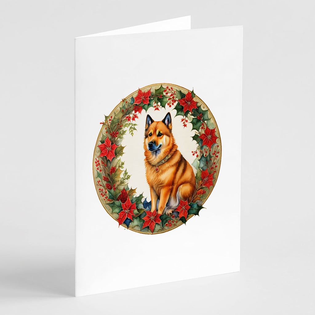Finnish Spitz Christmas Flowers Greeting Cards Pack of 8 Blank Cards with Envelopes Whimsical A7 Size 5x7
