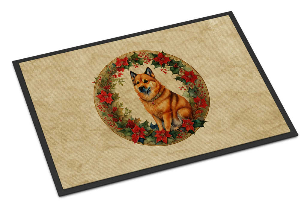 Finnish Spitz Christmas Flowers Doormat Indoor Outdoor 24H X 36W Front Door Mat Rugs for Entryway, Non Slip Washable Low Pile,