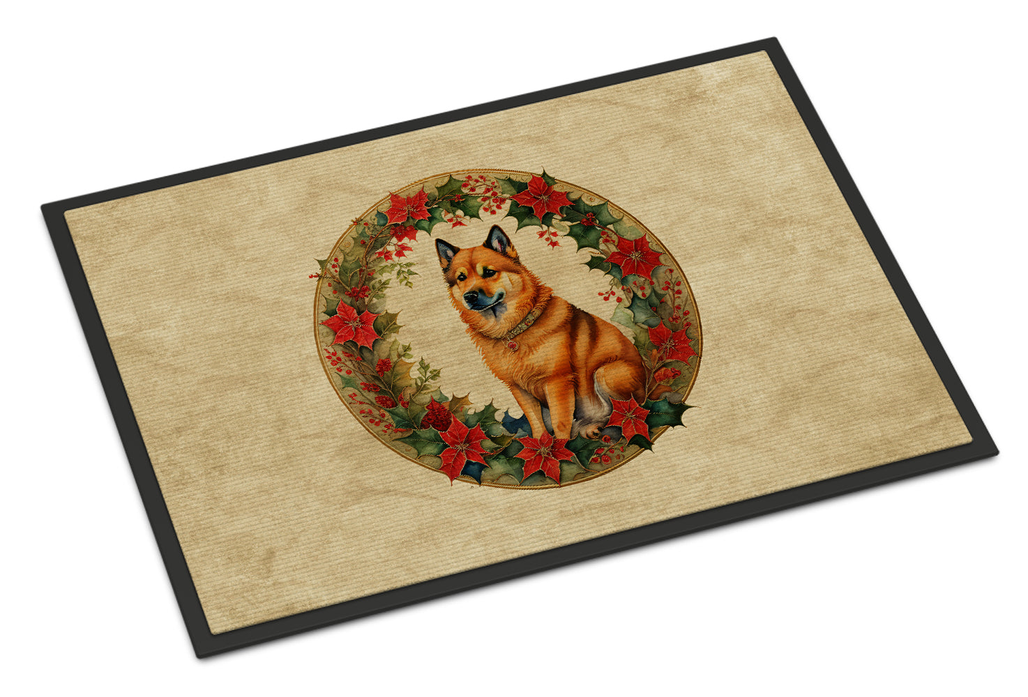 Finnish Spitz Christmas Flowers Doormat Indoor Outdoor 24H X 36W Front Door Mat Rugs for Entryway, Non Slip Washable Low Pile,