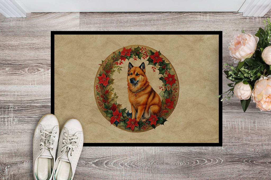 Finnish Spitz Christmas Flowers Doormat Indoor Outdoor 24H X 36W Front Door Mat Rugs for Entryway, Non Slip Washable Low Pile,
