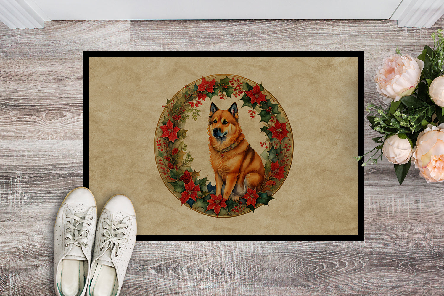 Finnish Spitz Christmas Flowers Doormat Indoor Outdoor 24H X 36W Front Door Mat Rugs for Entryway, Non Slip Washable Low Pile,