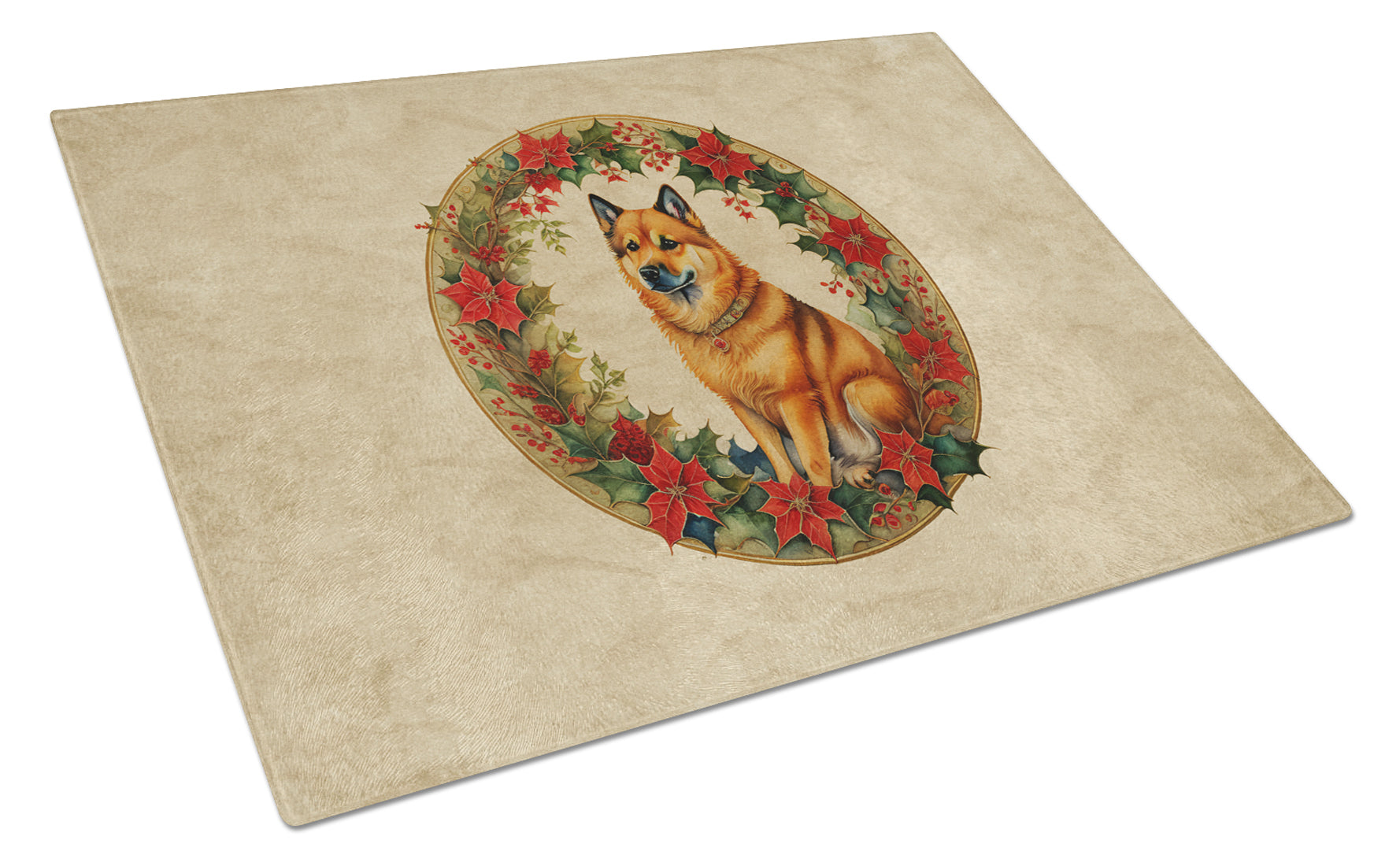 Finnish Spitz Christmas Flowers Cutting Board Tempered Glass Kitchen Cutting Surface, Heat Resistant Chopping, Non-Slip Feet, Food Prep & Serving