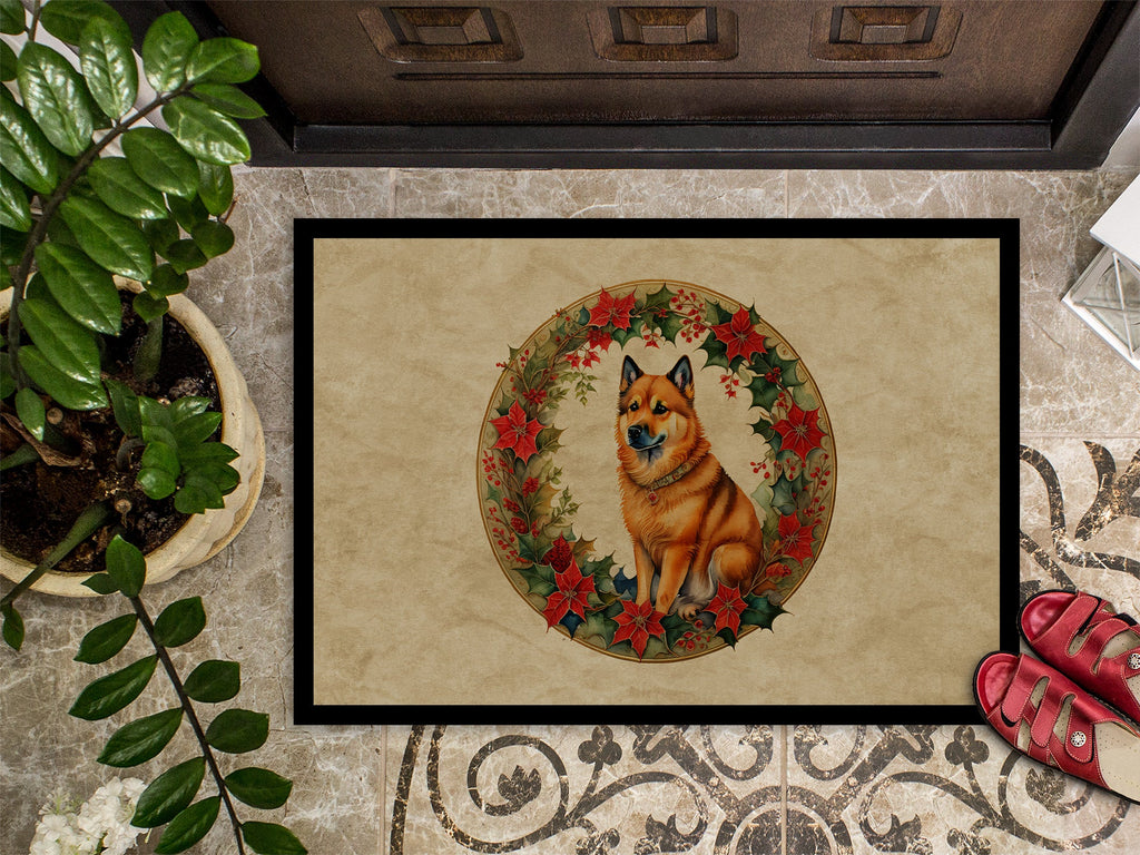 Finnish Spitz Christmas Flowers Doormat Indoor Outdoor 18H X 27W Front Door Mat Rugs for Entryway, Non Slip Washable