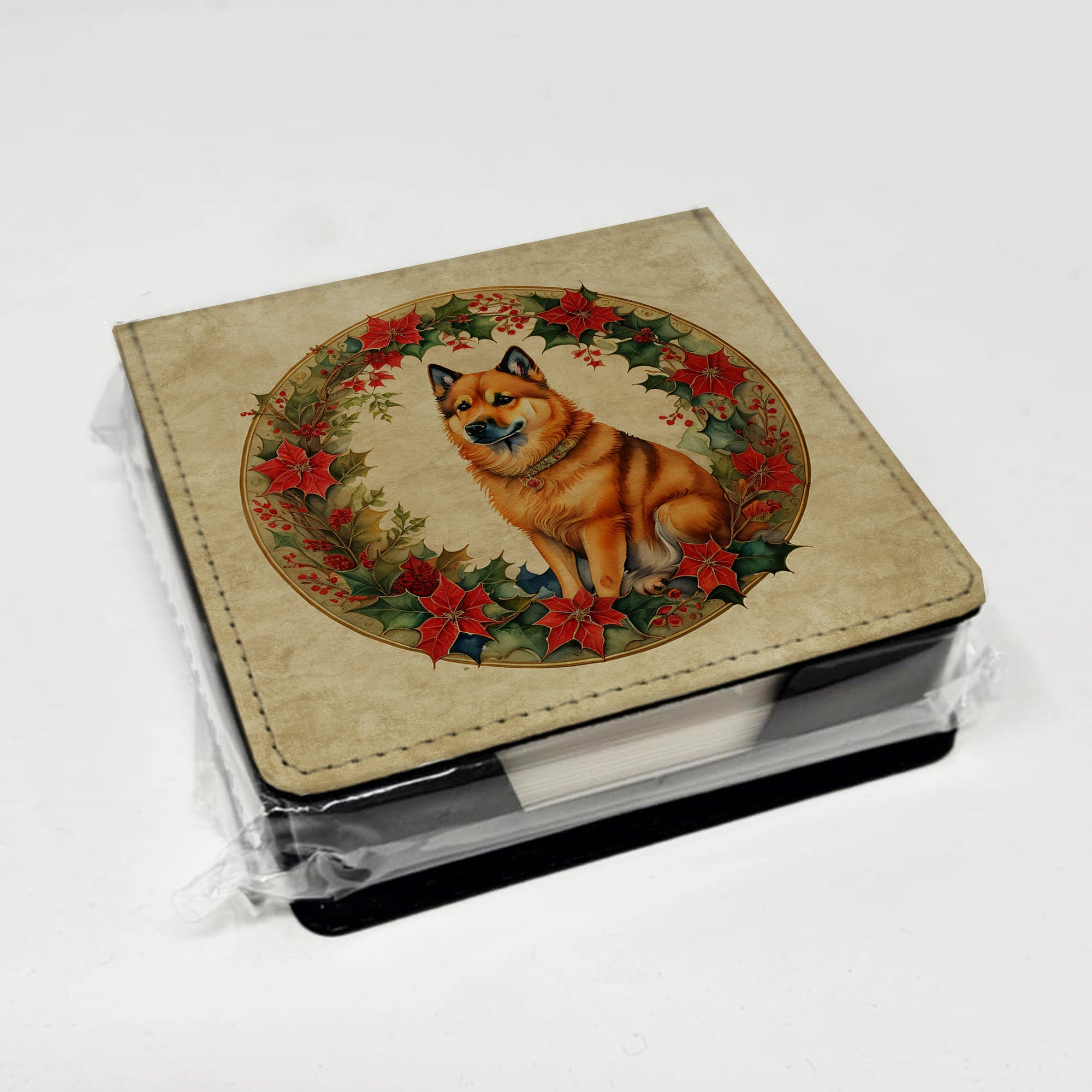 Finnish Spitz Christmas Flowers PU Leather Note Paper Holder with Artist-Designed Cover, Desk Accessory, Office Gift