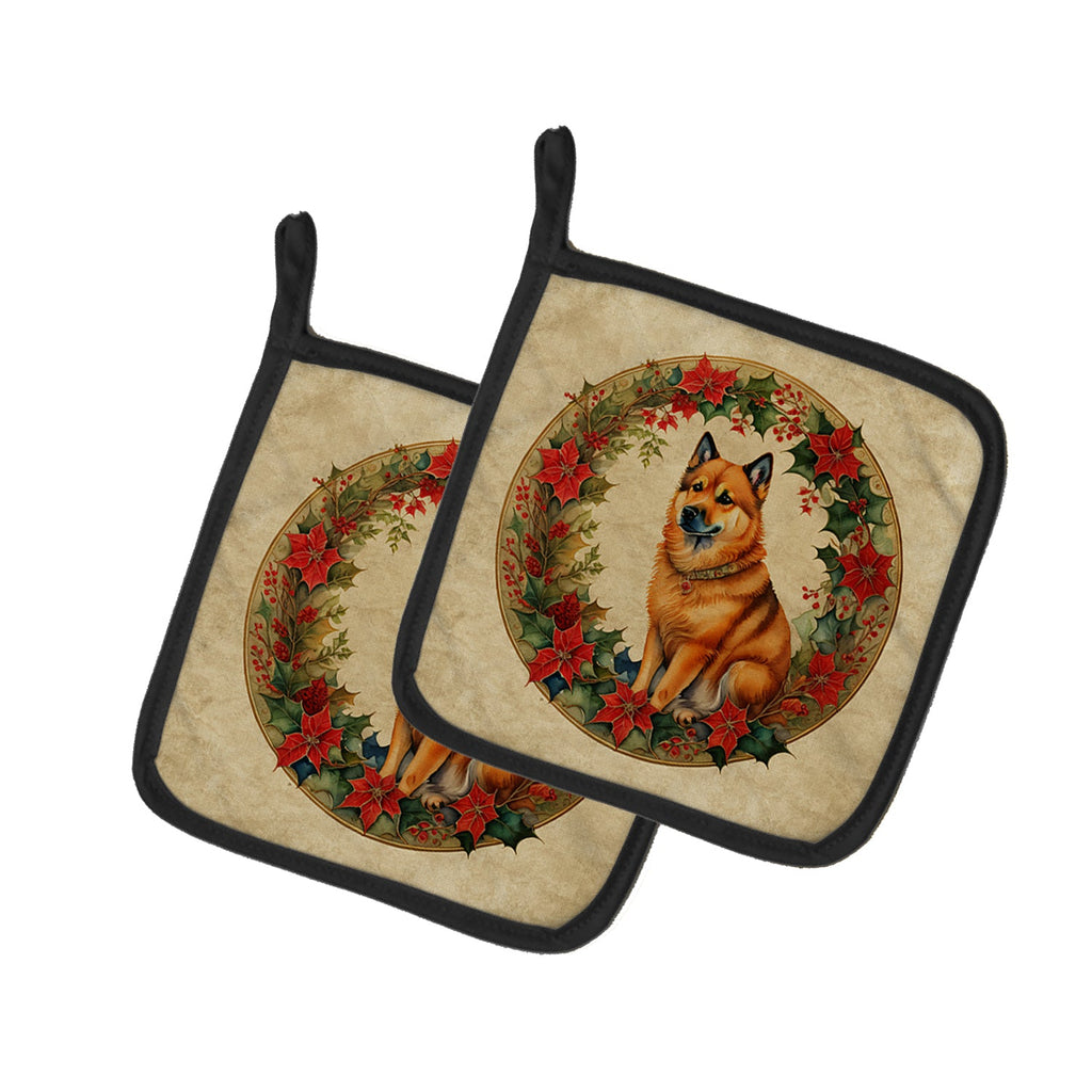 Finnish Spitz Christmas Flowers Pot Holder Set of 2 Heat Resistant Quilted Hot Pads 7.5 x 7.5 Inch, Insulated Kitchen Trivets for Cooking & Baking